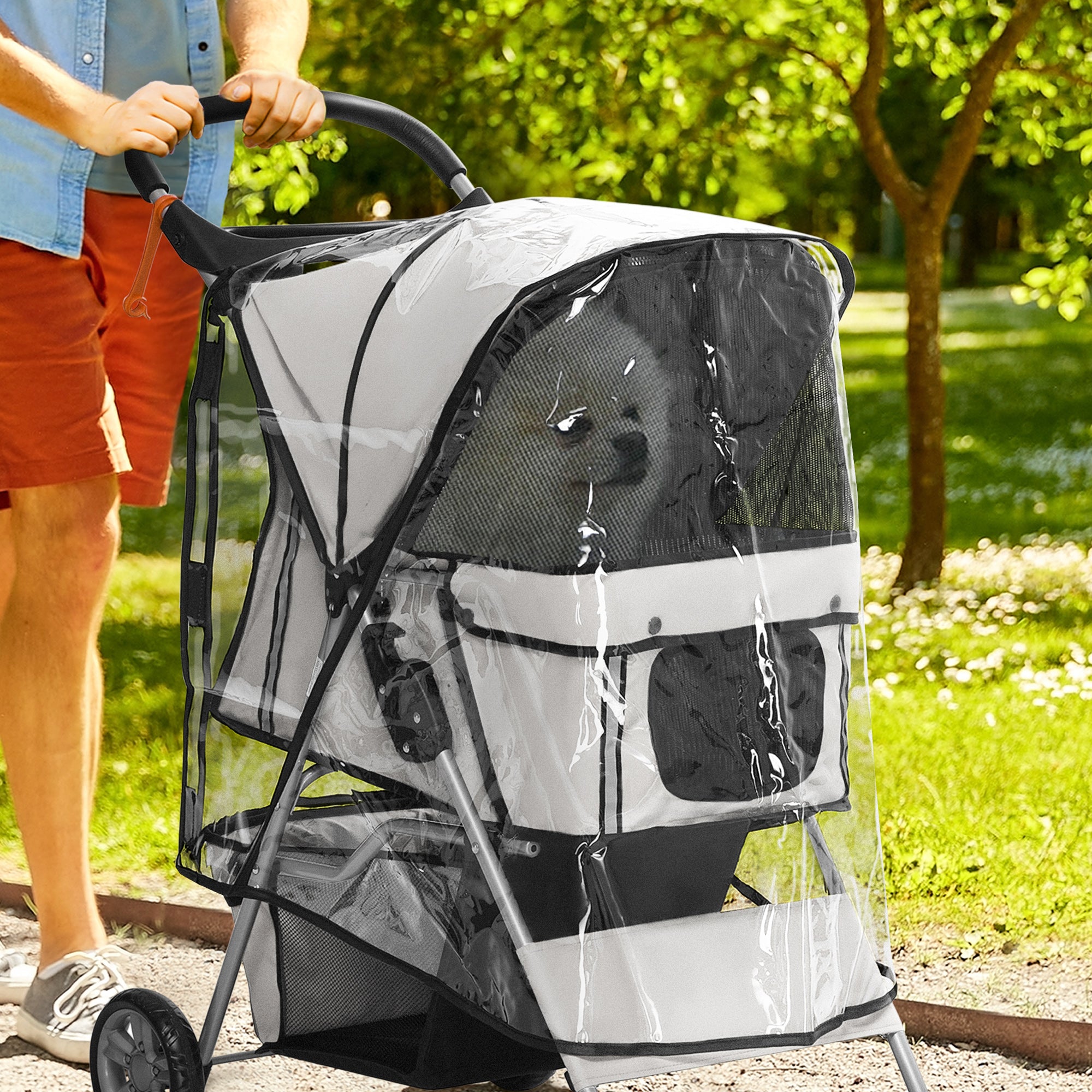 Dog Stroller Rain Cover with Rear Side Entry for Pram Buggy - Grey