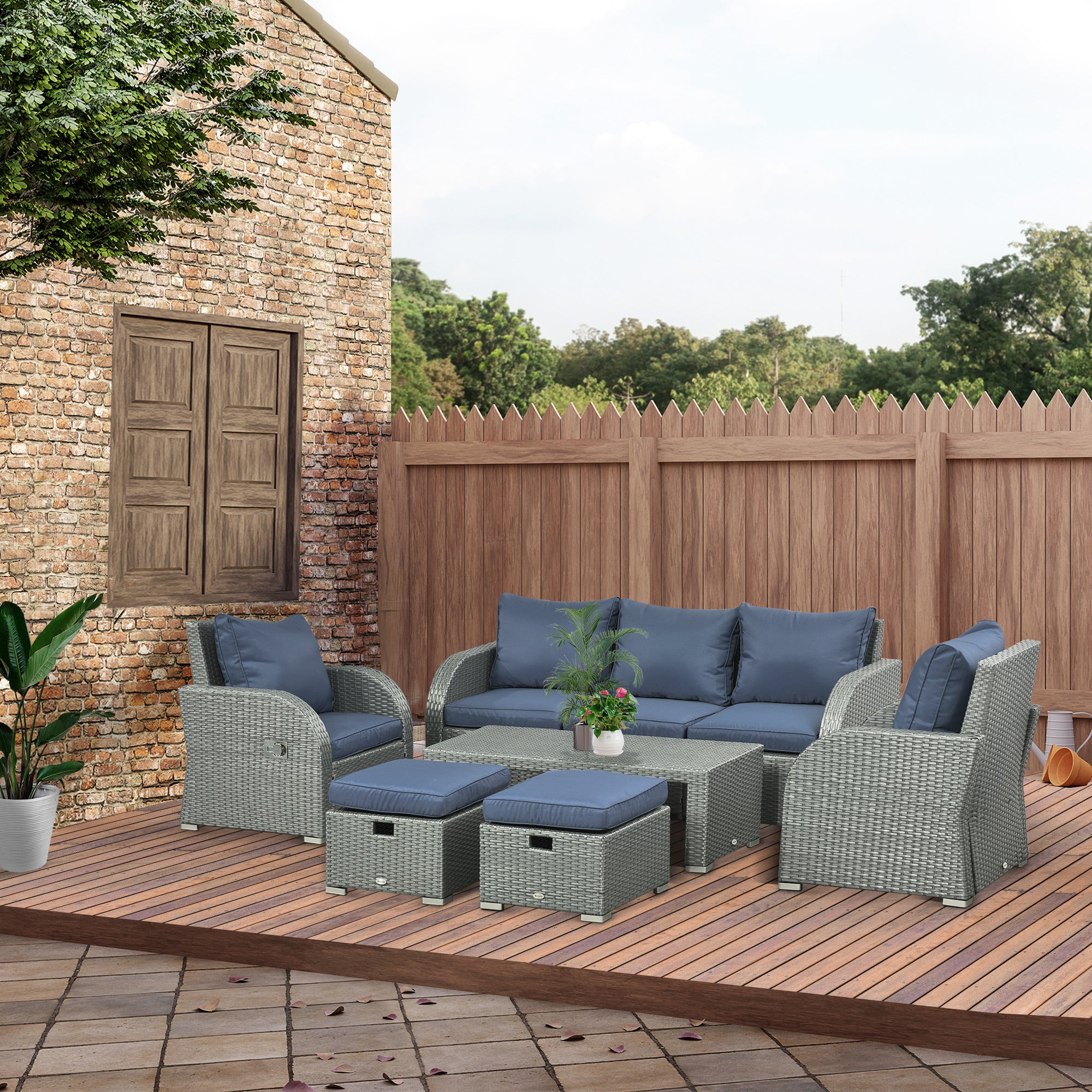 6pc Outdoor Rattan Wicker Furniture Set with 3-Seat Sofa, 2 Reclining Single Sofas, 2 Footstools & Coffee Table - Blue