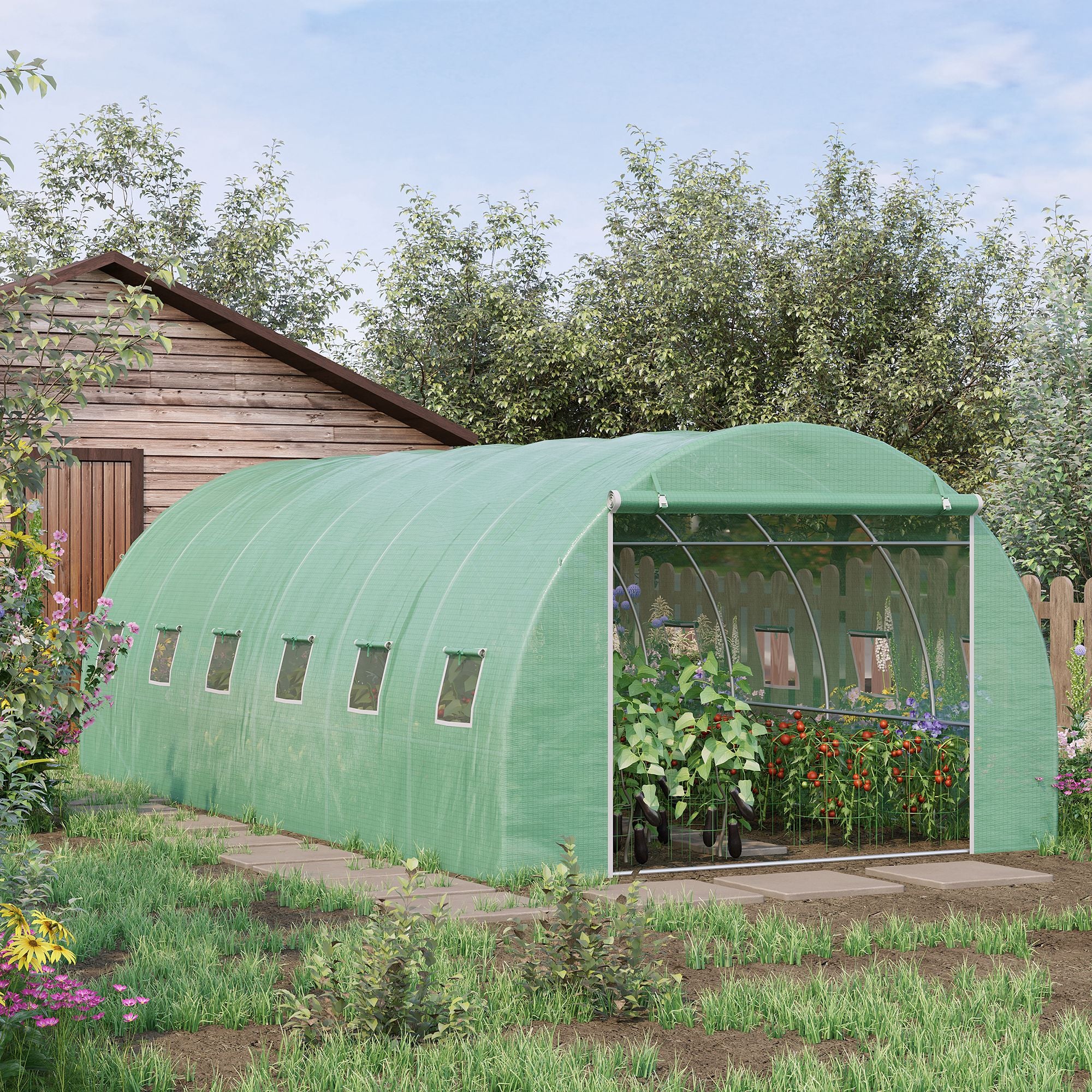 6 x 3 x 2 Metre Walk-In Garden Polytunnel Greenhouse with Steel Frame - Green