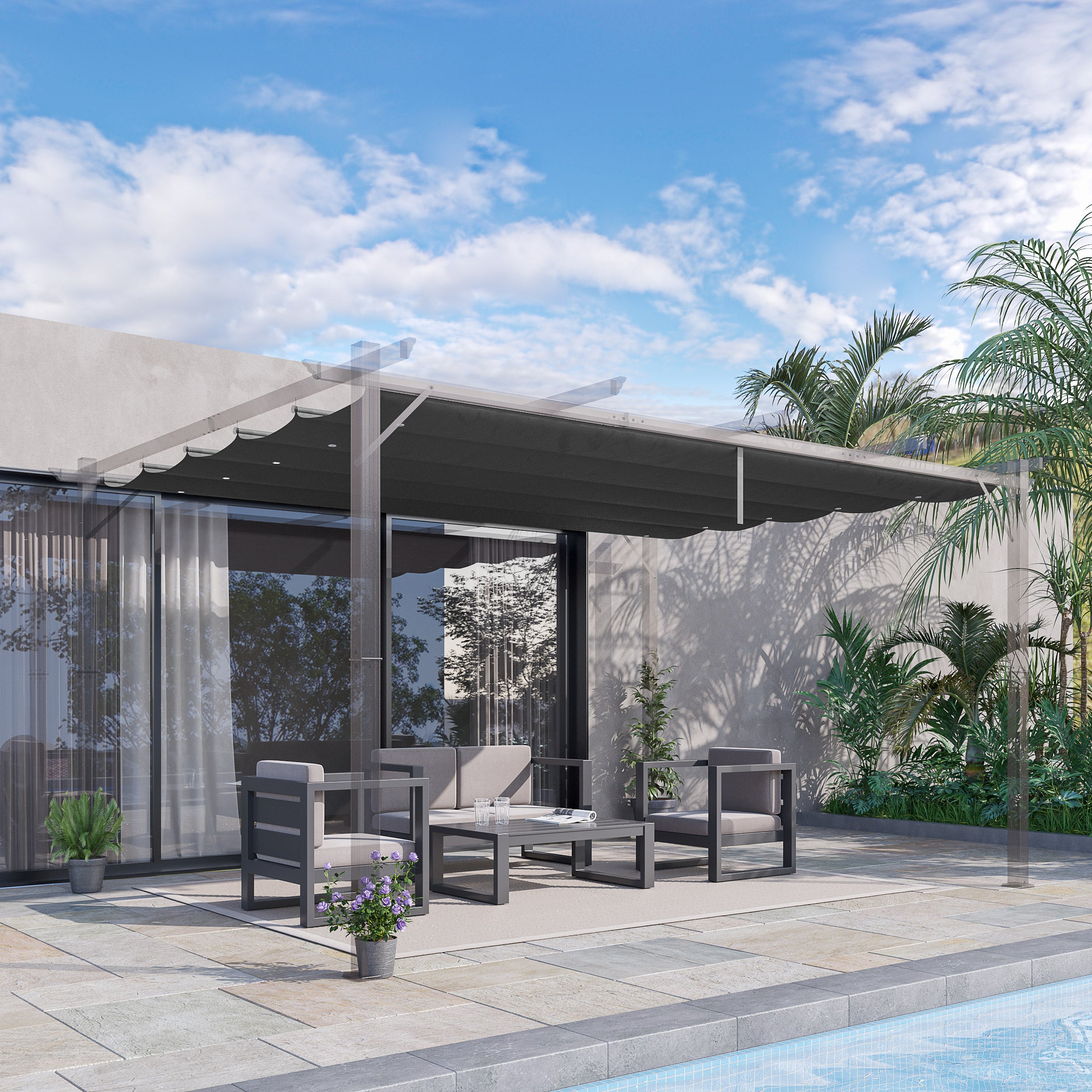 Retractable Pergola Shade Cover Replacement Canopy for 4x3m Pergola - Dark Grey