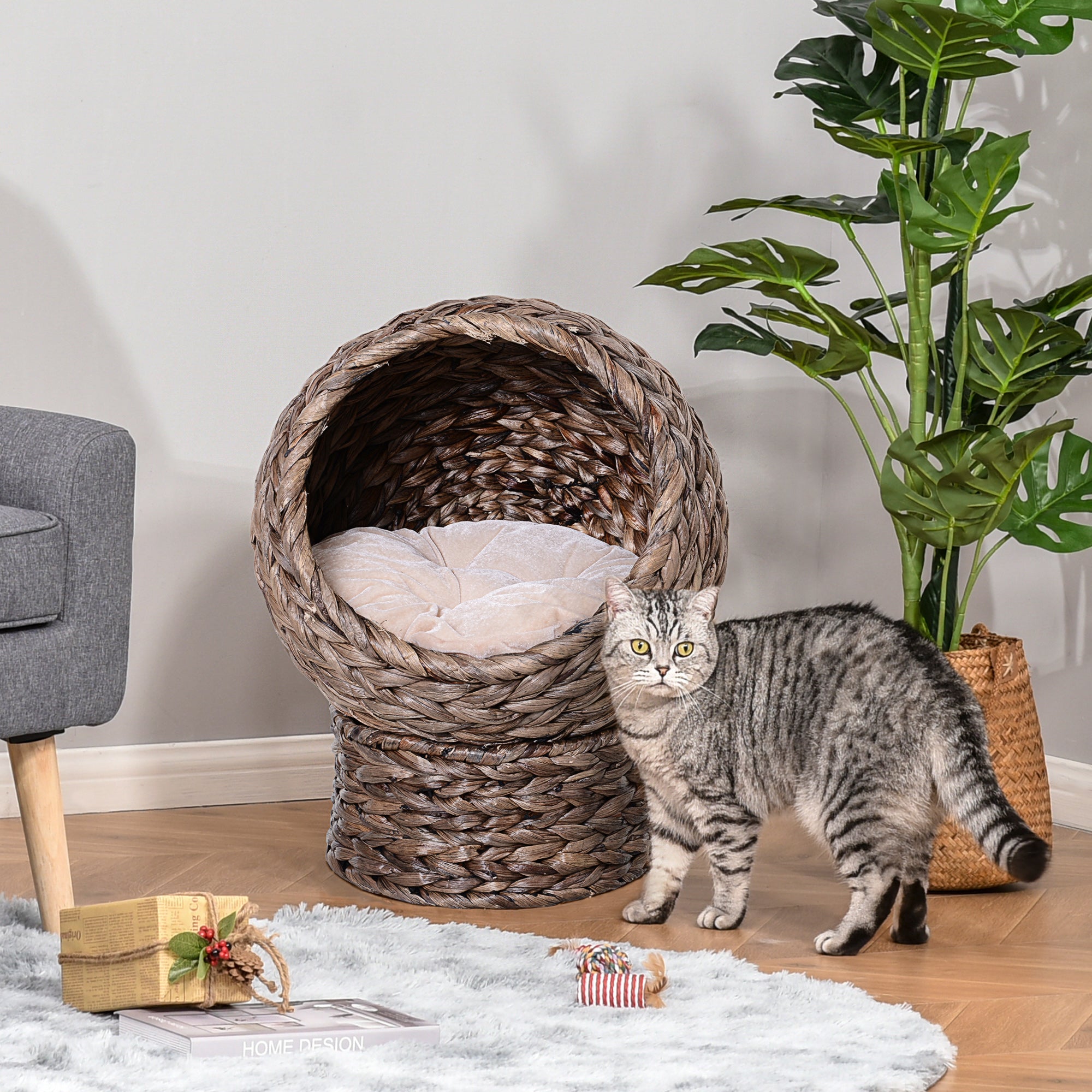 Raised Wicker Cat Bed with Cylindrical Base and Washable Cushion 42x33x52cm - Brown