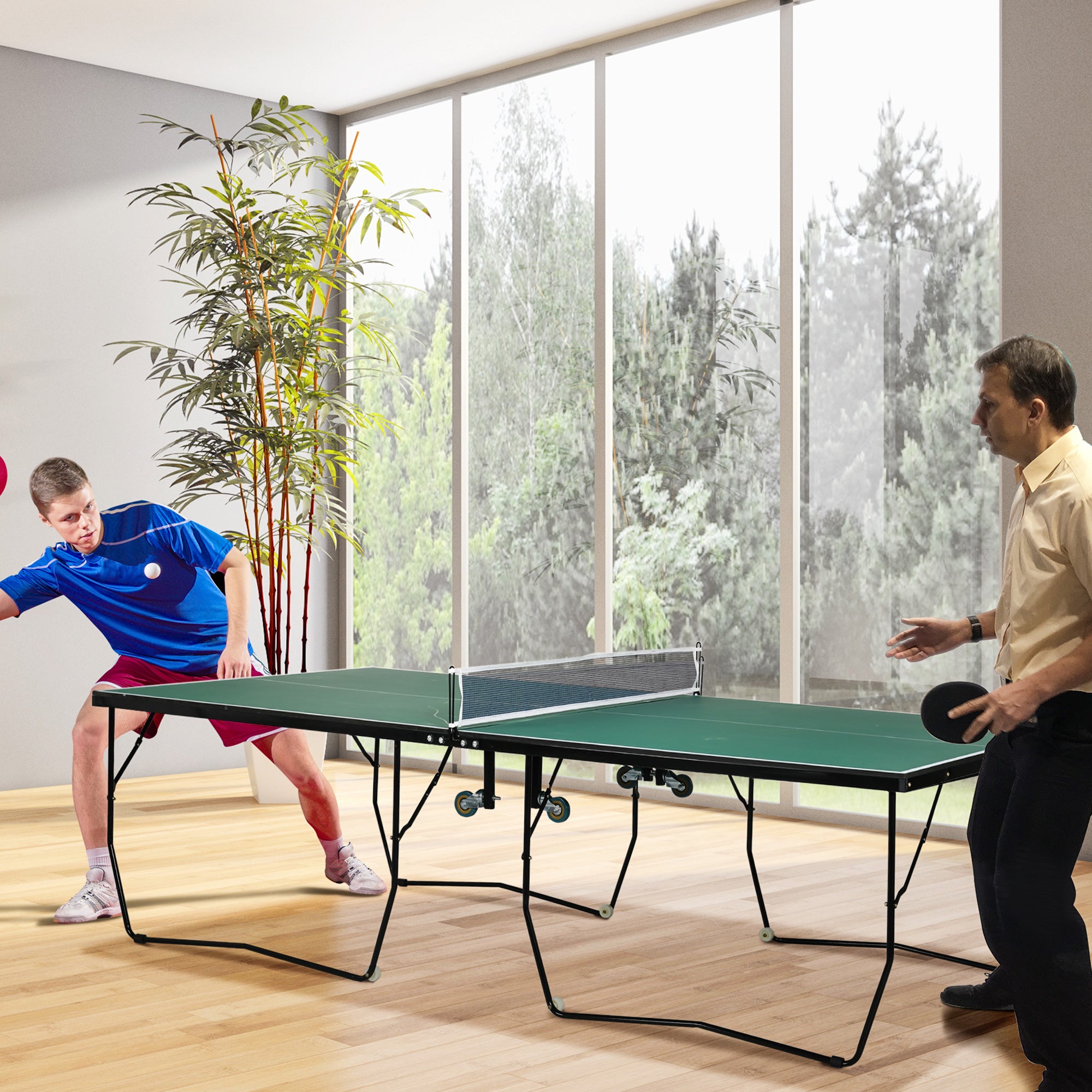 9FT Folding Outdoor Table Tennis Table with 8 Wheels for Indoor & Outdoor Use - Green