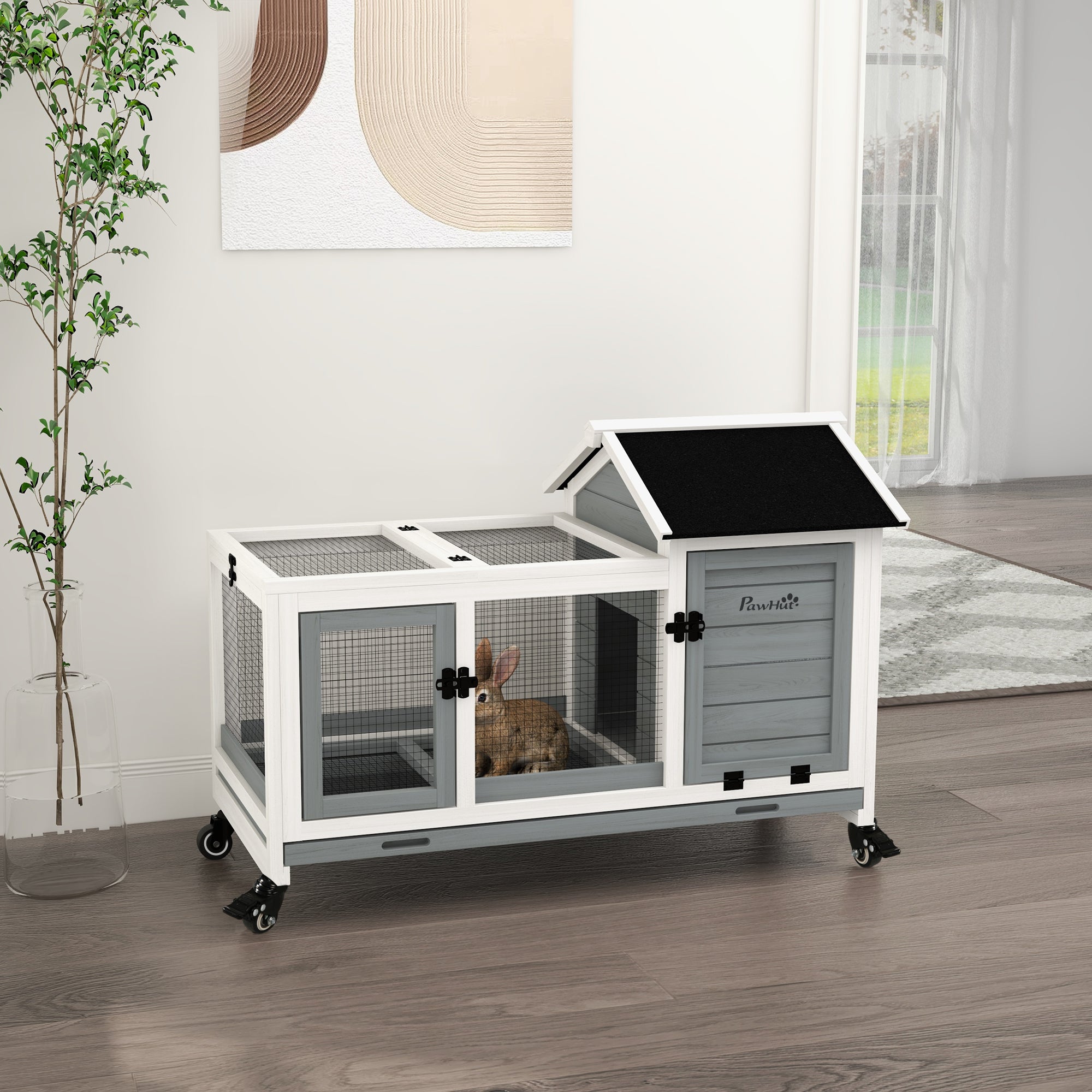 Wooden Rabbit Hutch with Removable Tray and Wheels for Guinea Pigs - Grey