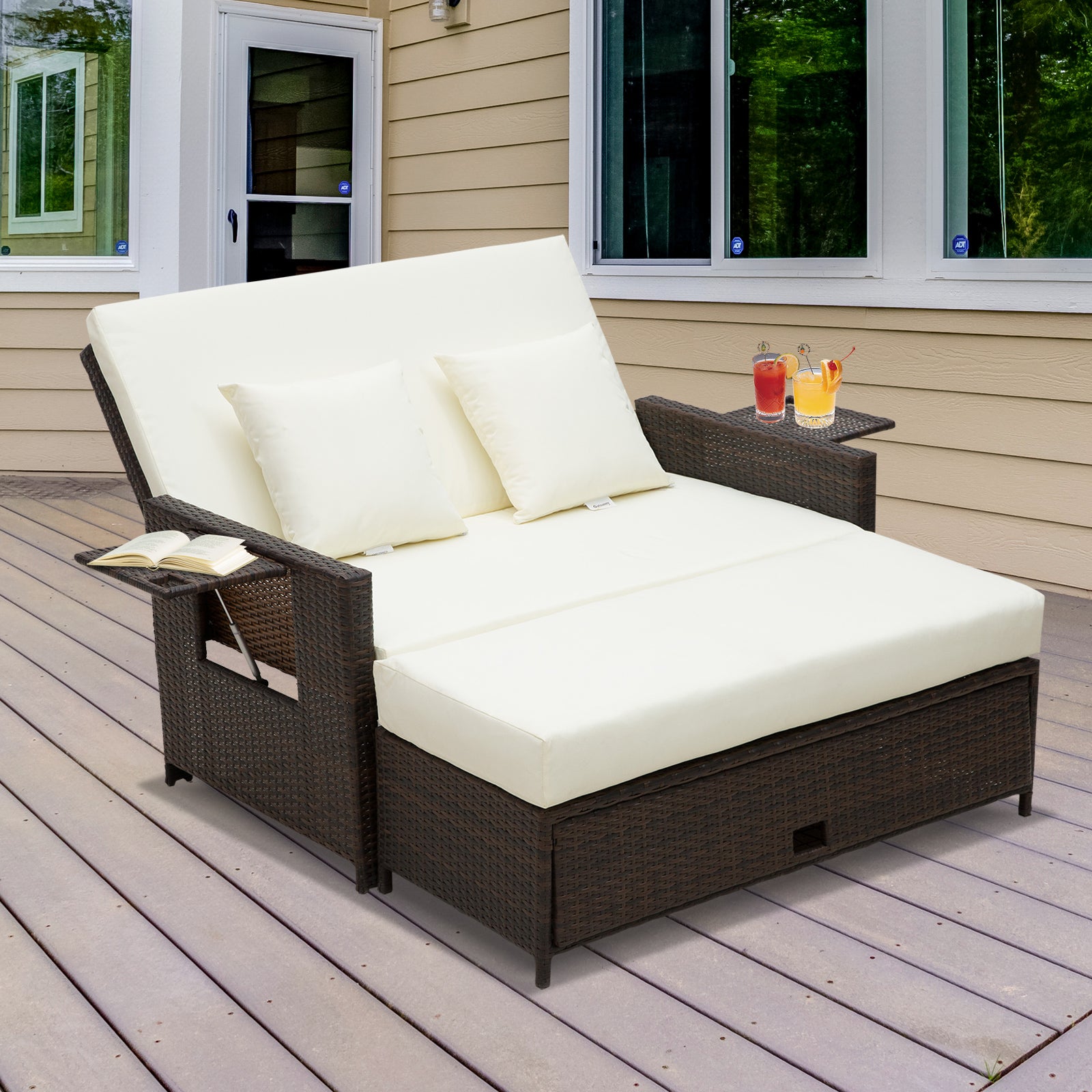 2 Seater Outdoor Rattan Garden Sofa and Daybed Set Brown