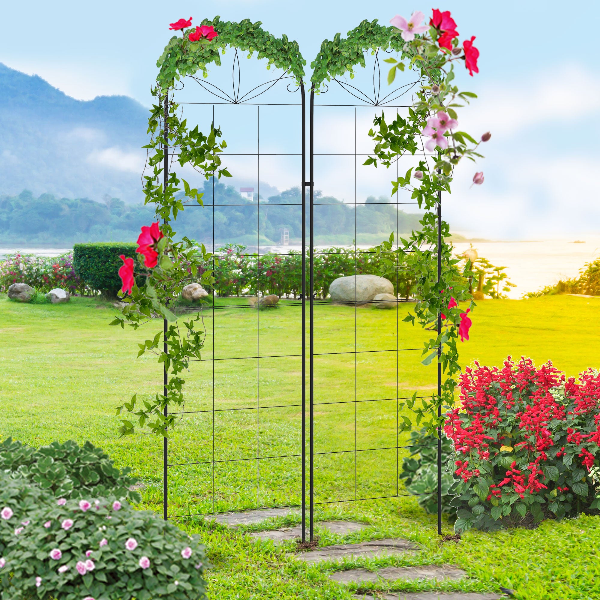 Set of 2 Metal Garden Trellis Panels with Decorative Leaf Design 50x180cm - Black