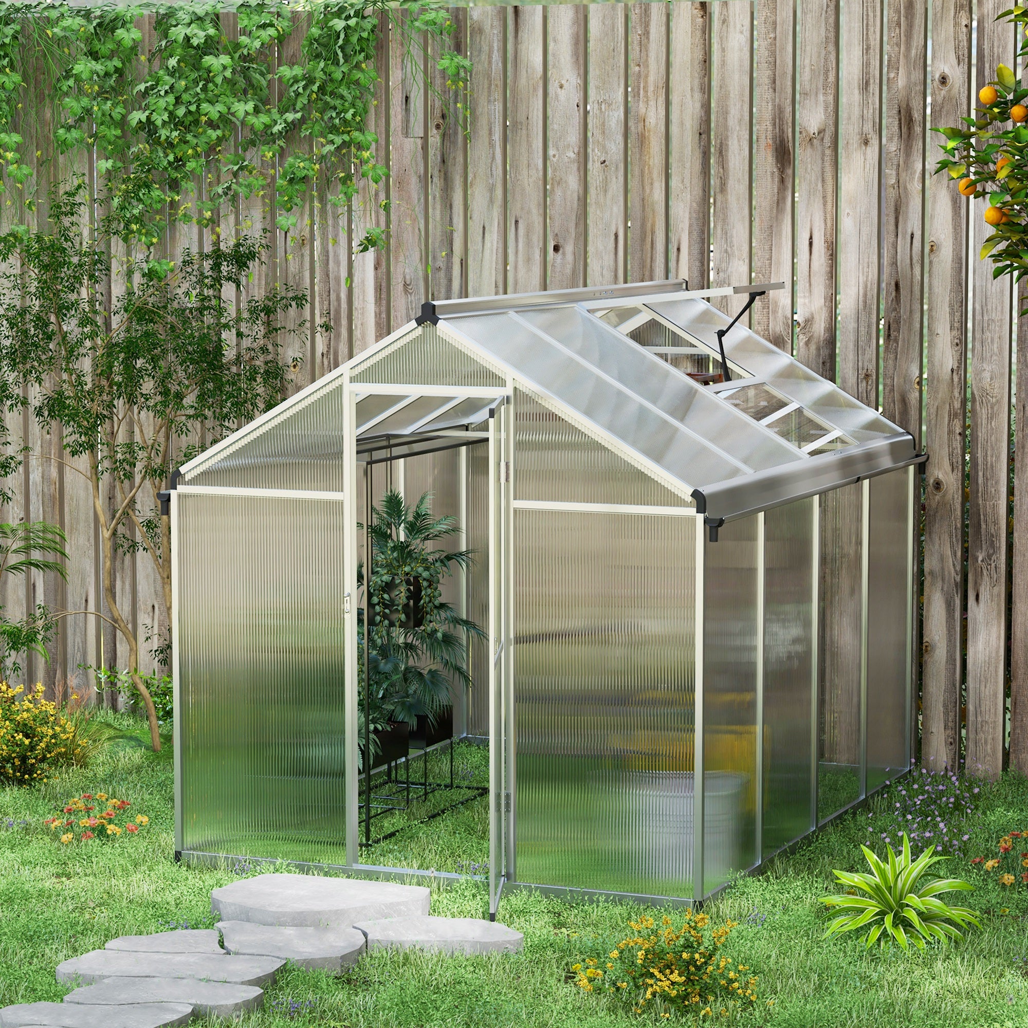 6 x 8ft Polycarbonate Greenhouse Set with Door and Rain Gutters - Clear