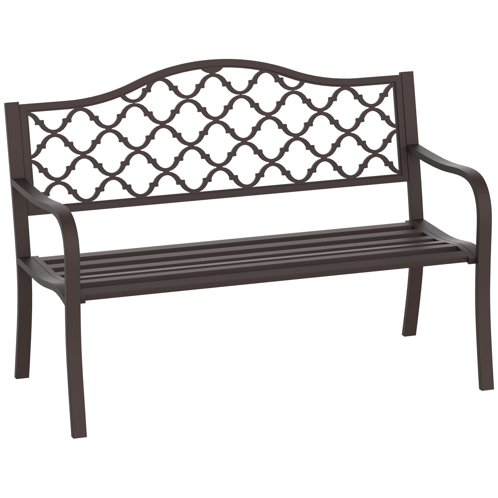 2 Seater Cast Iron Garden Bench with Slatted Seat and Retro Back Pattern - Brown