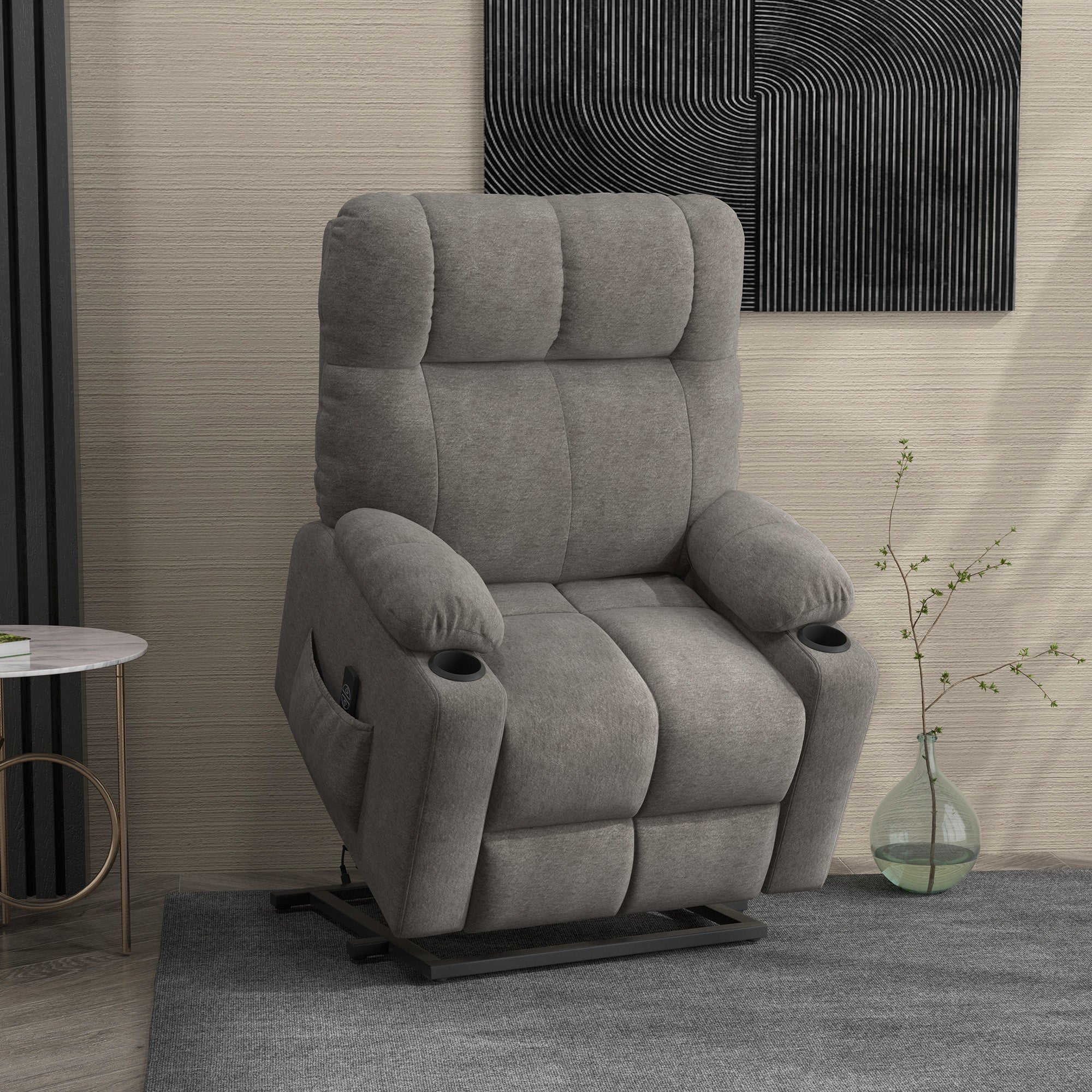 Oversized Power Lift Riser Recliner Chair with Cup Holders – Grey Velvet Feel