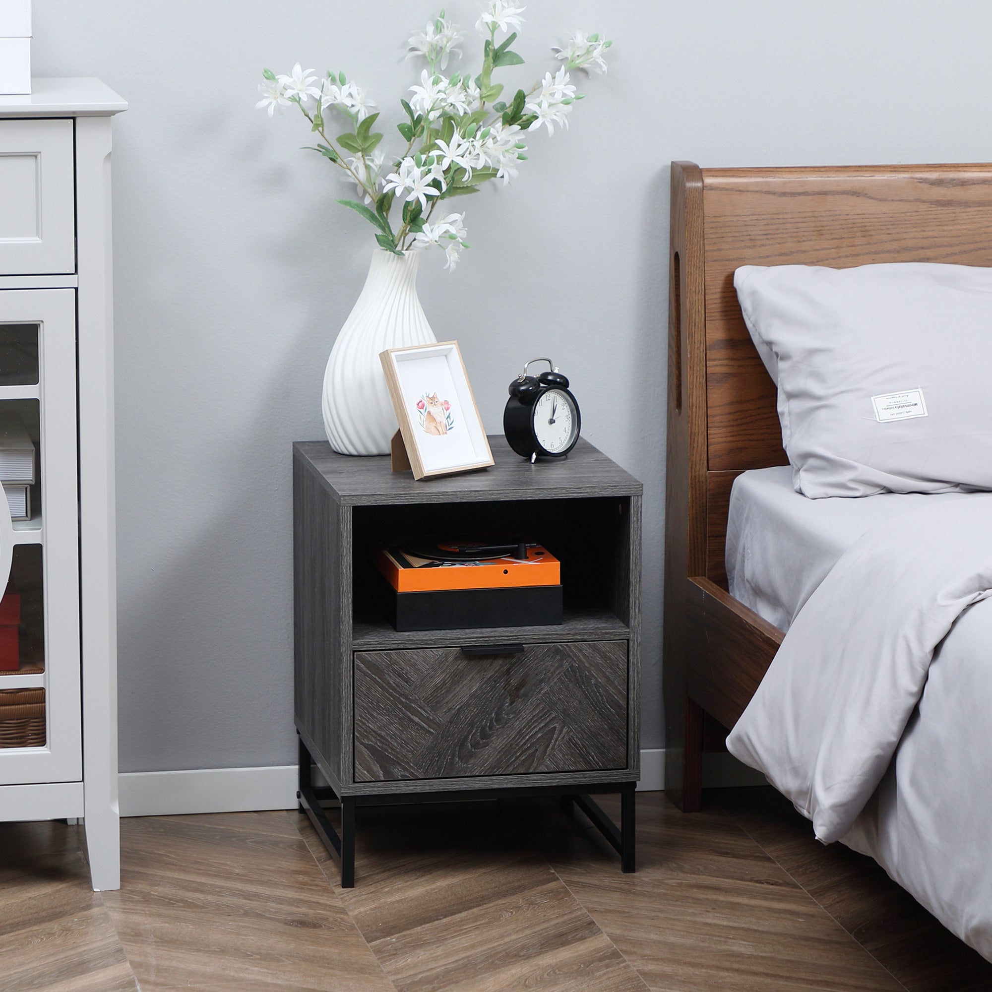 Industrial-Style Bedside Table with Drawer and Shelf - Dark Grey