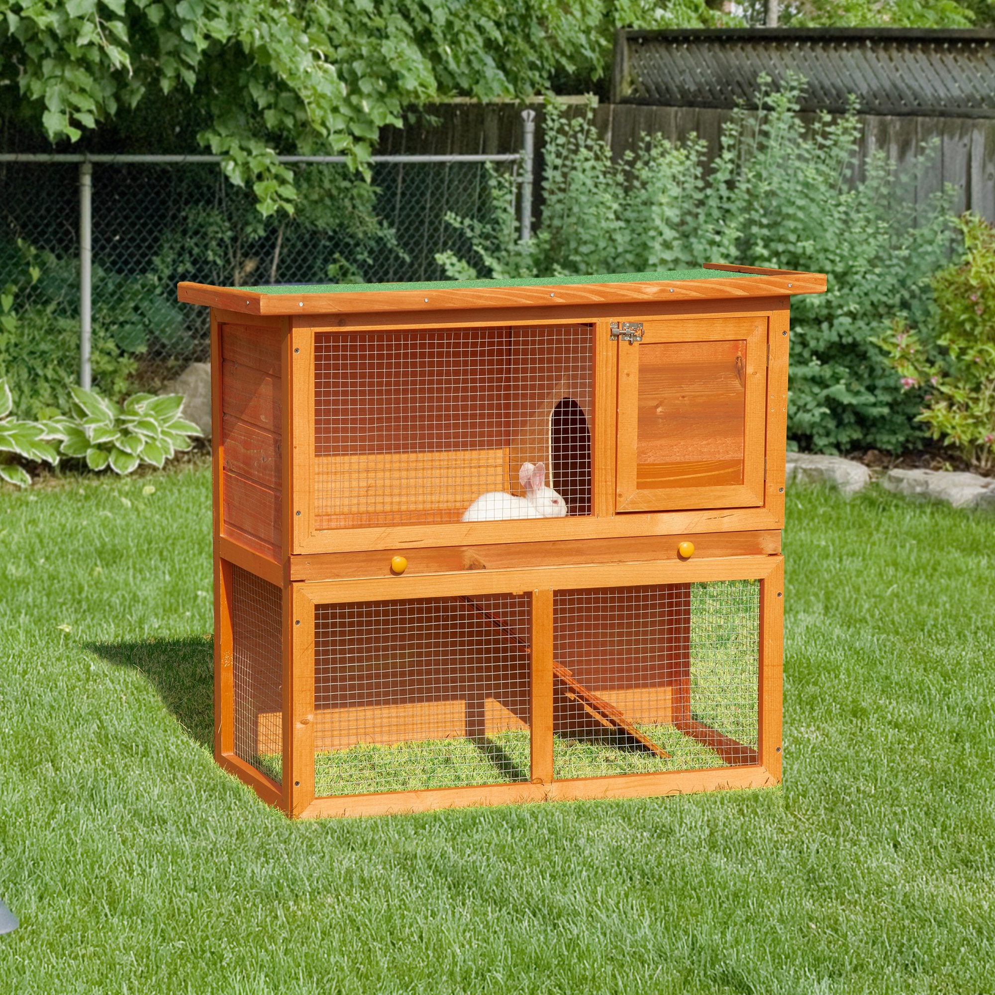 2-Tier Wooden Rabbit and Guinea Pig Hutch with Sliding Tray and Opening Top - Vintage Yellow Green