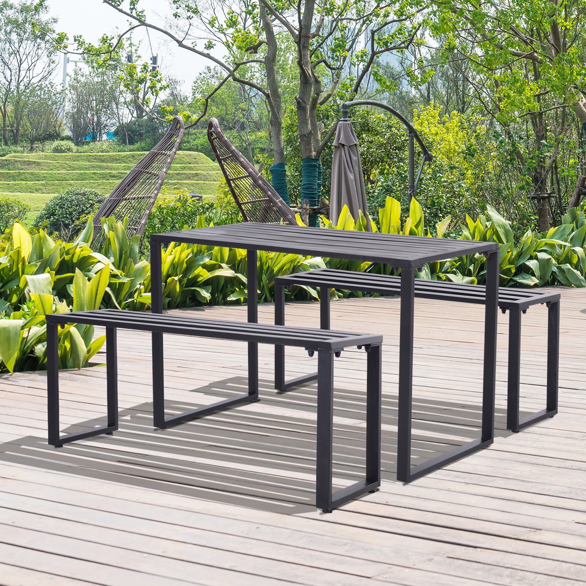 3 Piece Outdoor Metal Dining Set with Slatted Benches - Black