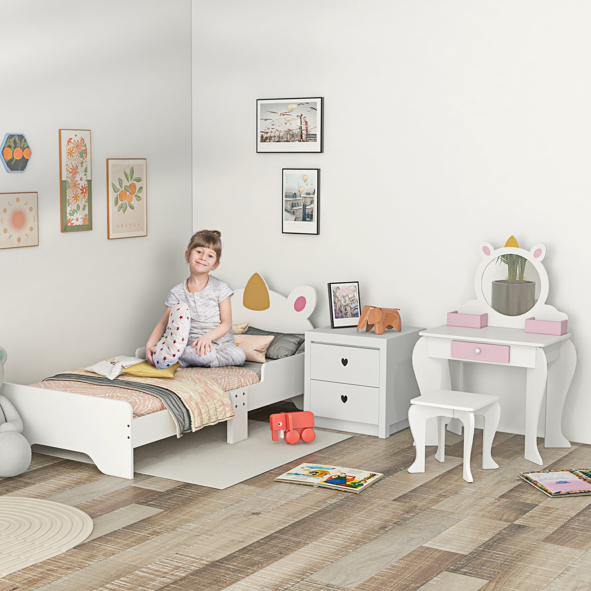 3 Piece Kids Bedroom Furniture Set with Unicorn Design - Pink