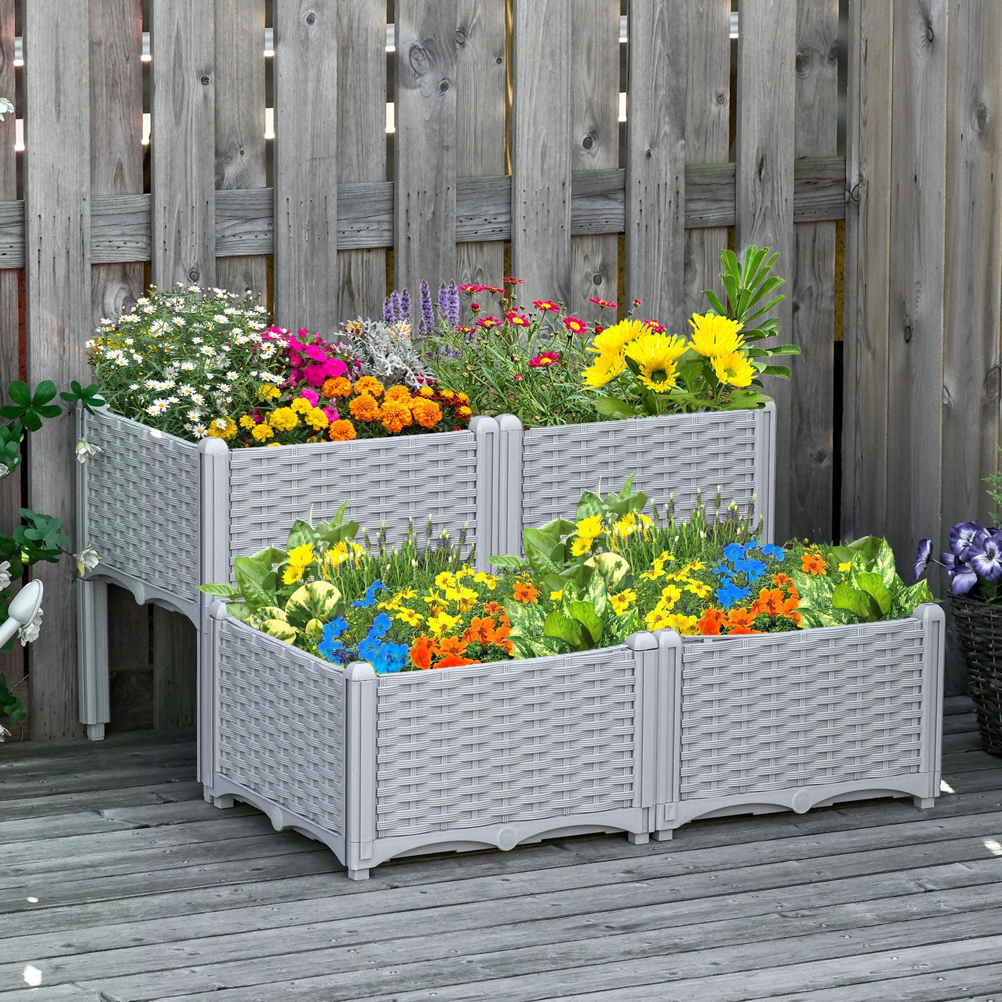 Set of 4 Raised Garden Beds with Self-Watering Planters Two-Tier Design - Grey