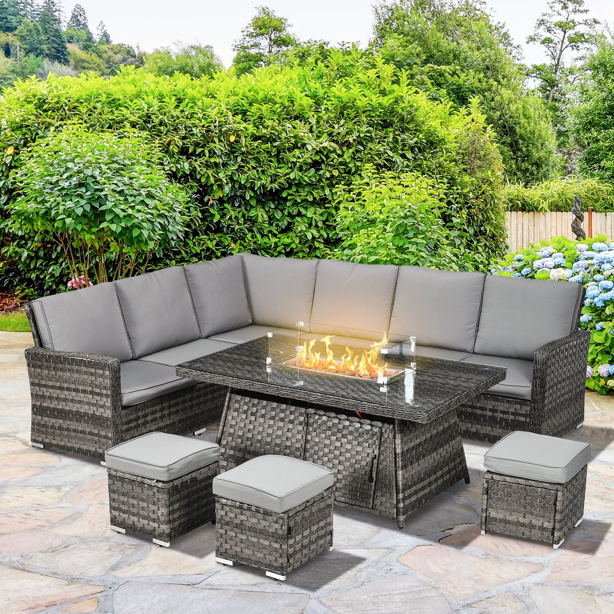9 Piece PE Rattan Garden Furniture Set with 50,000 BTU Gas Fire Pit Table - Grey