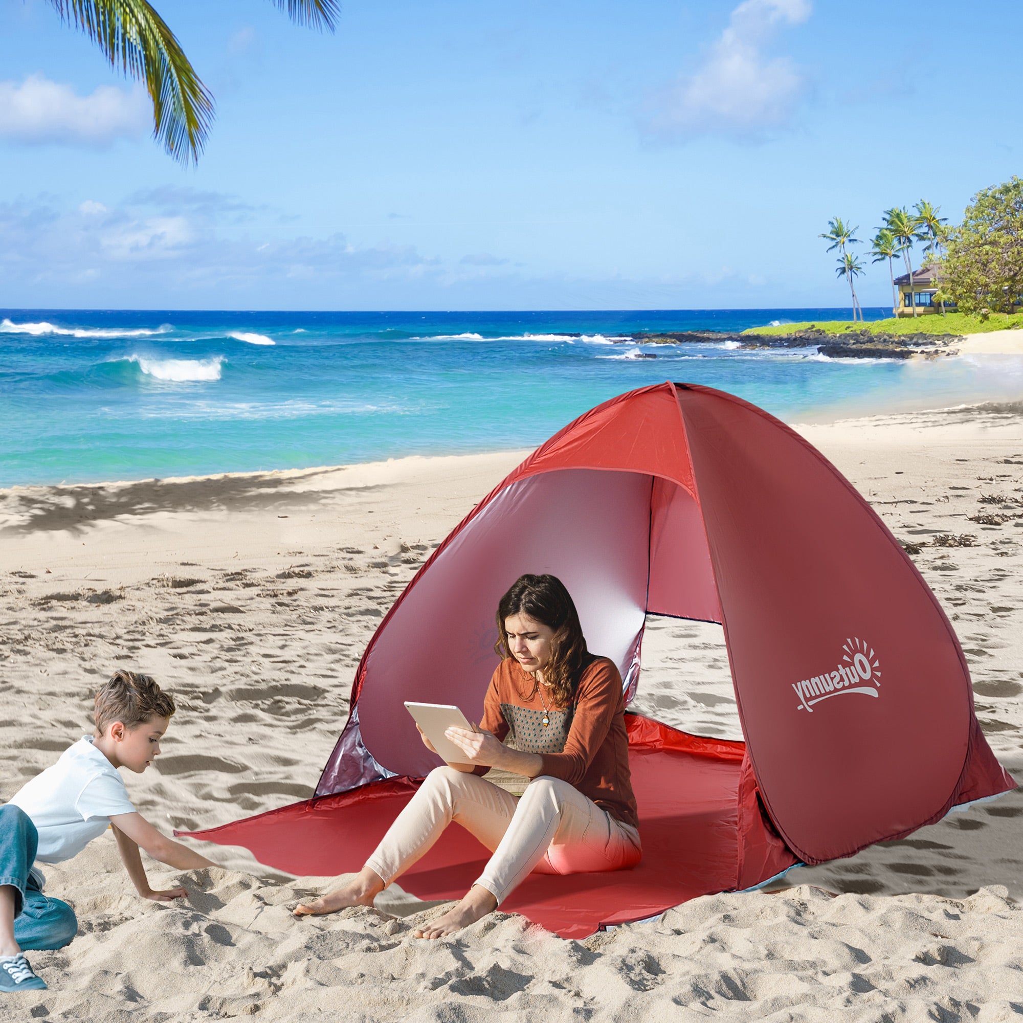 2-3 Person Pop-Up Beach Shelter Tent with UV Protection - Red
