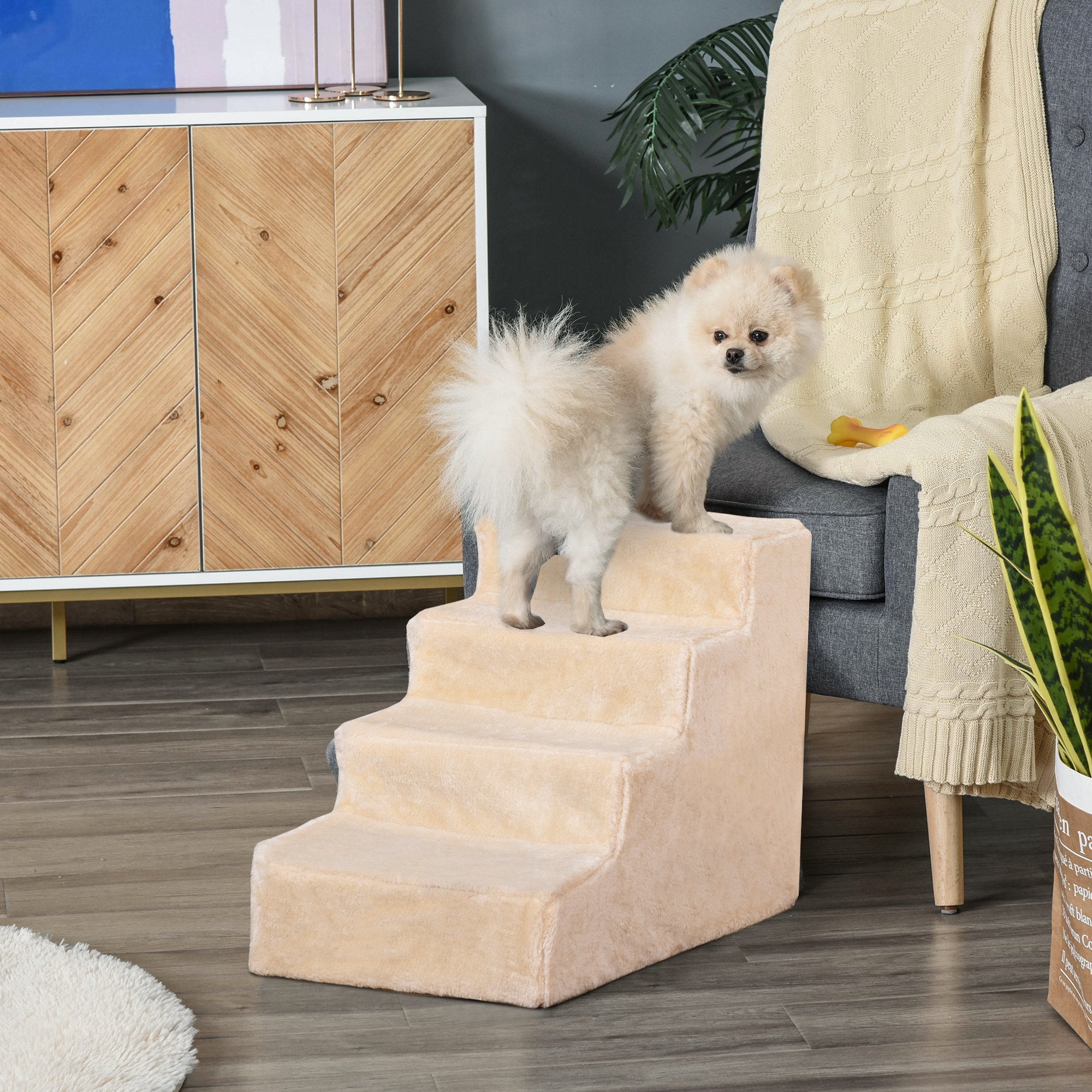4-Step Dog Stairs with Washable Plush Cover for Small Dogs and Cats - Beige