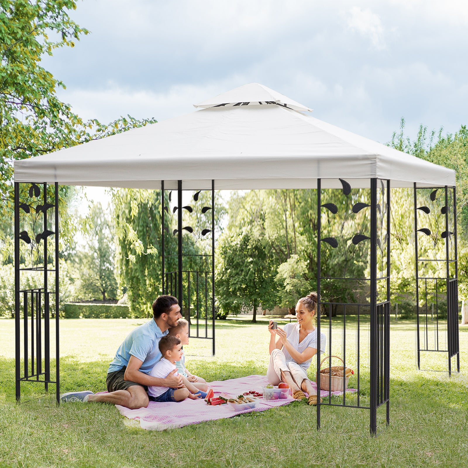 3x3m Outdoor Garden Gazebo with Vented Two Tier Roof Cream