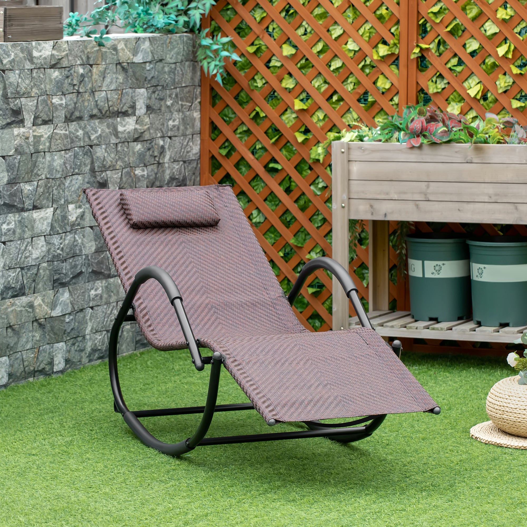 Zero Gravity Rocking Lounge Chair with Removable Pillow Rattan Effect Patio Recliner - Brown