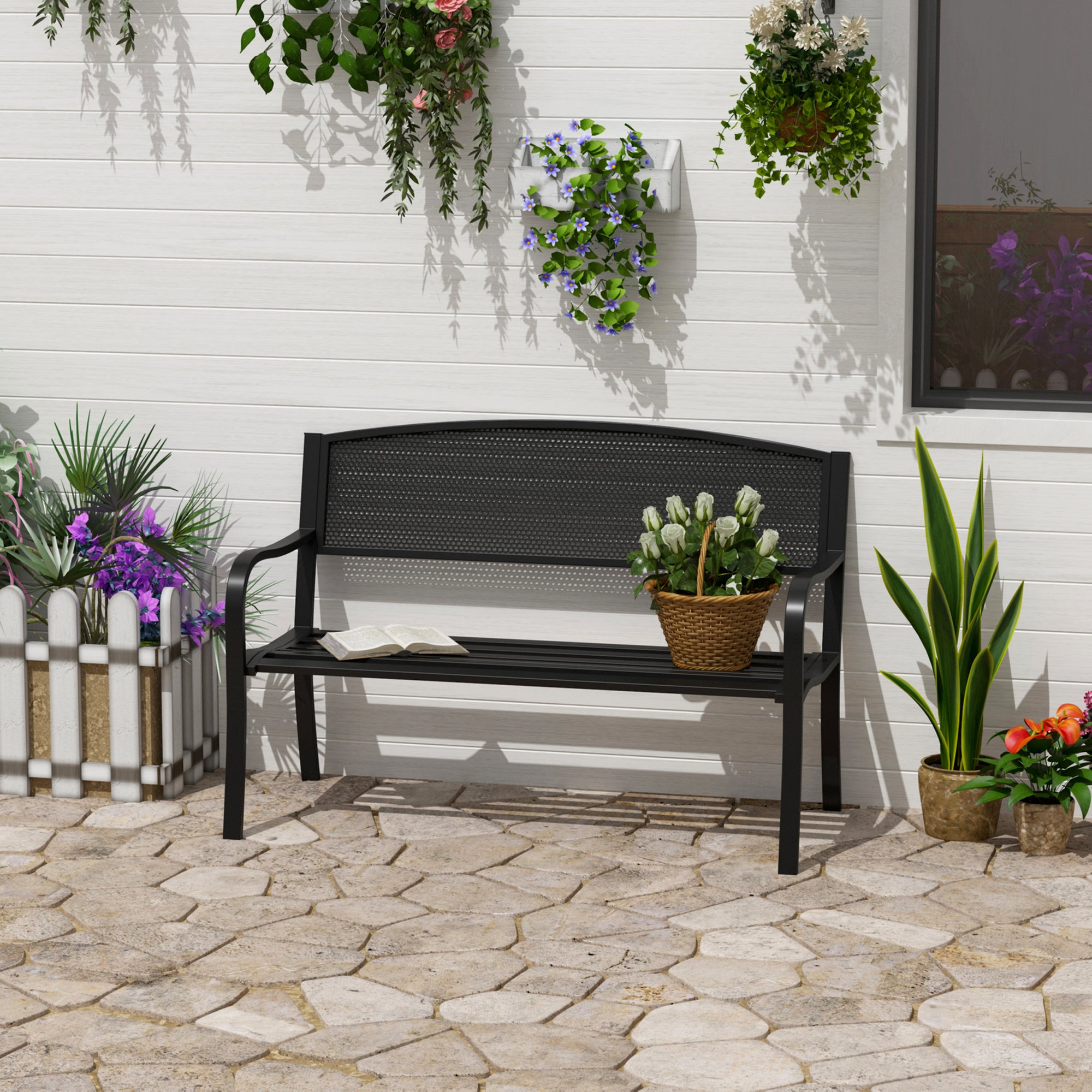 2 Seater Metal Garden Bench with Mesh Backrest - Black