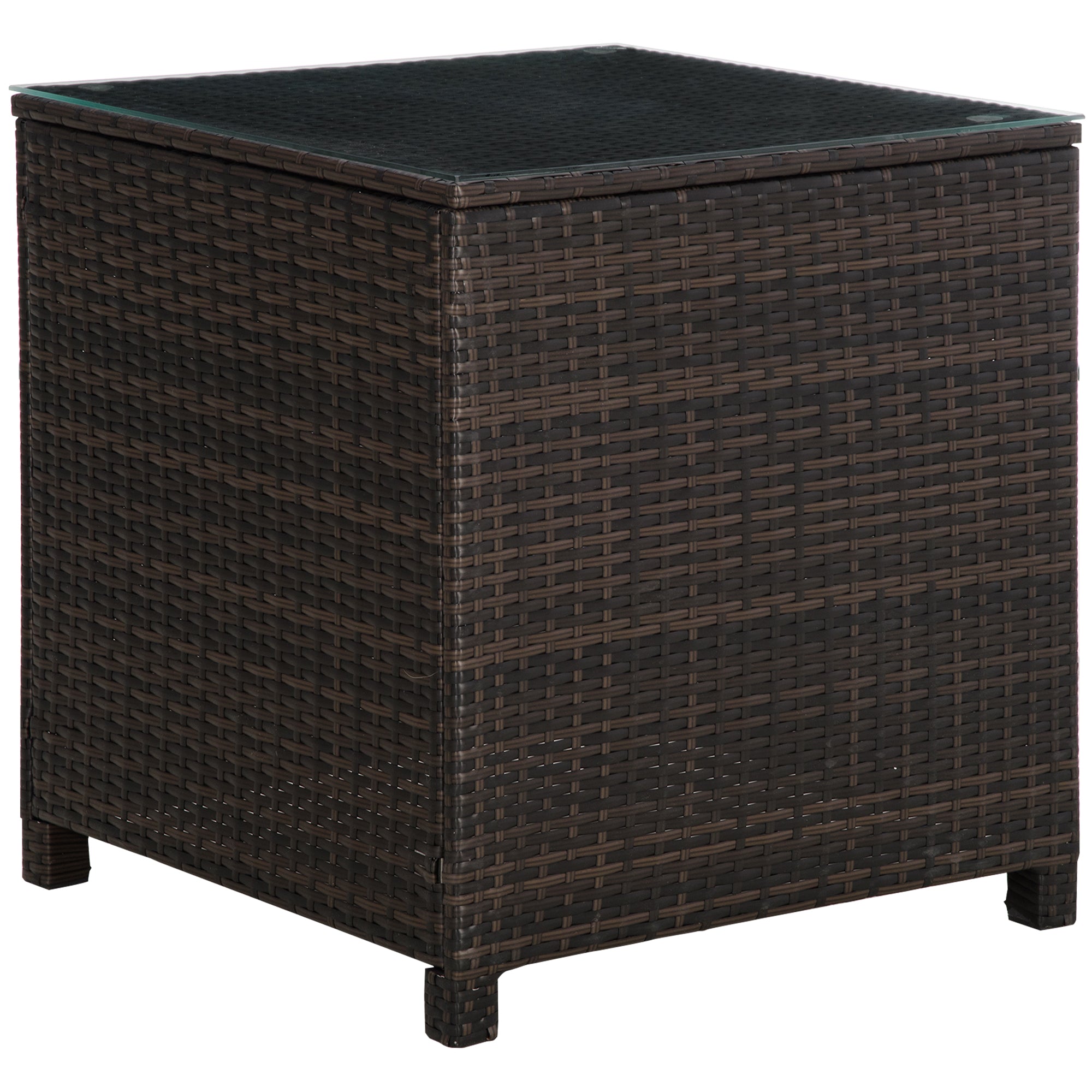 Rattan Garden Side Table with Tempered Glass Top - Brown