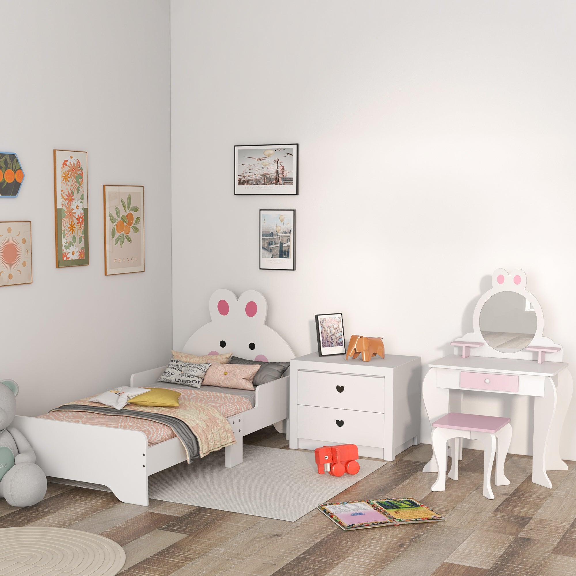3 Piece Wooden Kids Bedroom Furniture Set with Bunny Design - Natural Wood