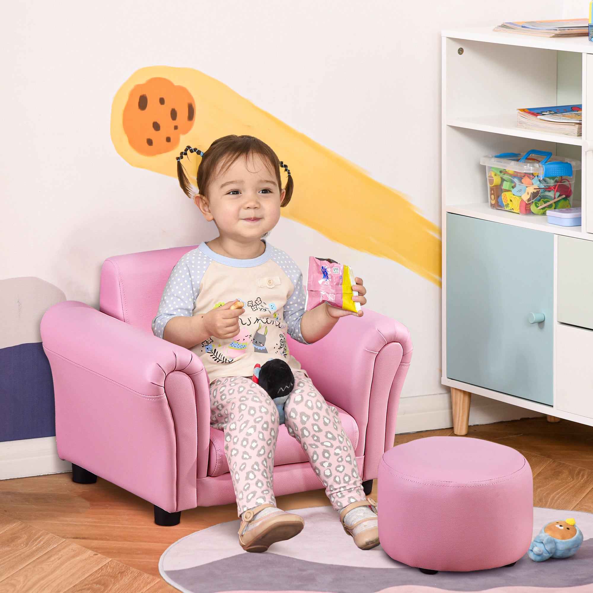 2 Piece Toddler Armchair and Footstool Set - Pink Upholstered Wood Frame