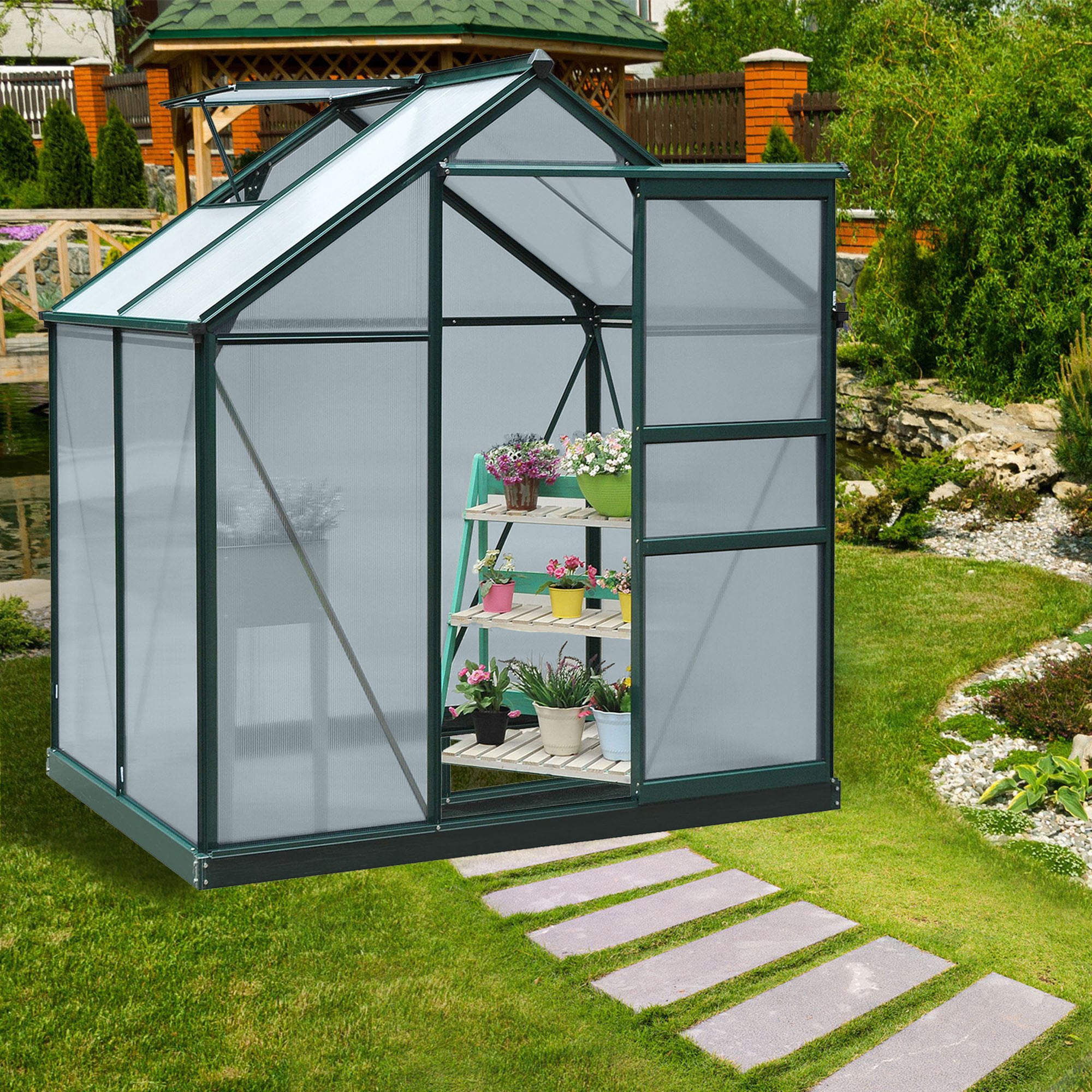 Large 6ft x 4ft Aluminium Frame Greenhouse with Polycarbonate Panels and Slide Door - Galvanized Base