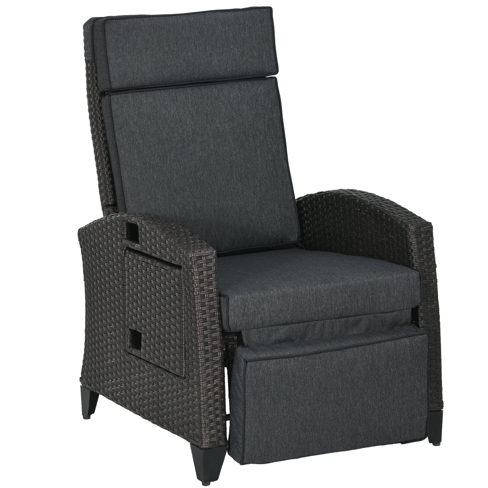 Outdoor Recliner Chair with Adjustable Backrest, Footrest, Cushion & Side Tray - Grey