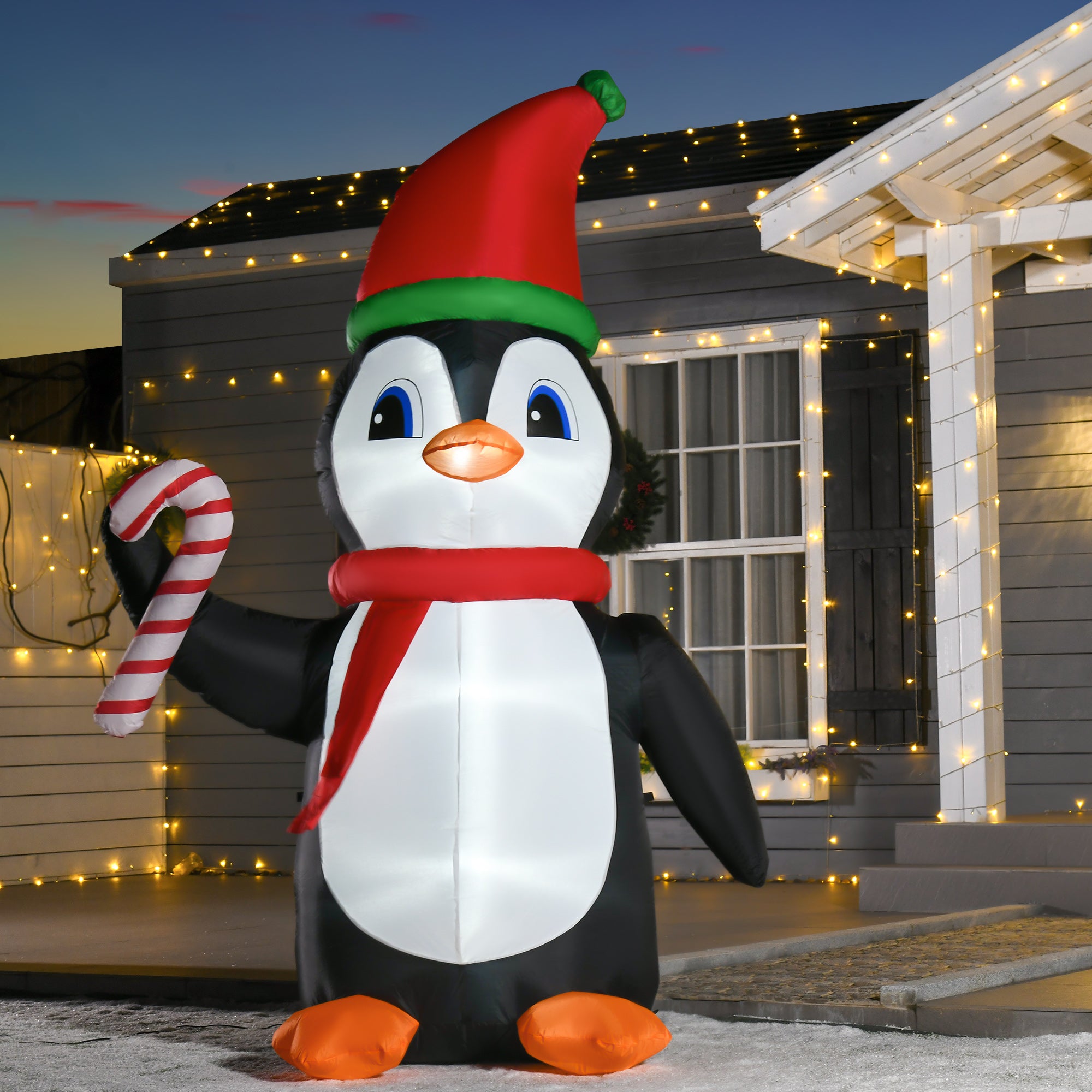 2.5m Inflatable Christmas Penguin Holding Candy Cane with LED Lights Outdoor Decoration - Red, Black, White