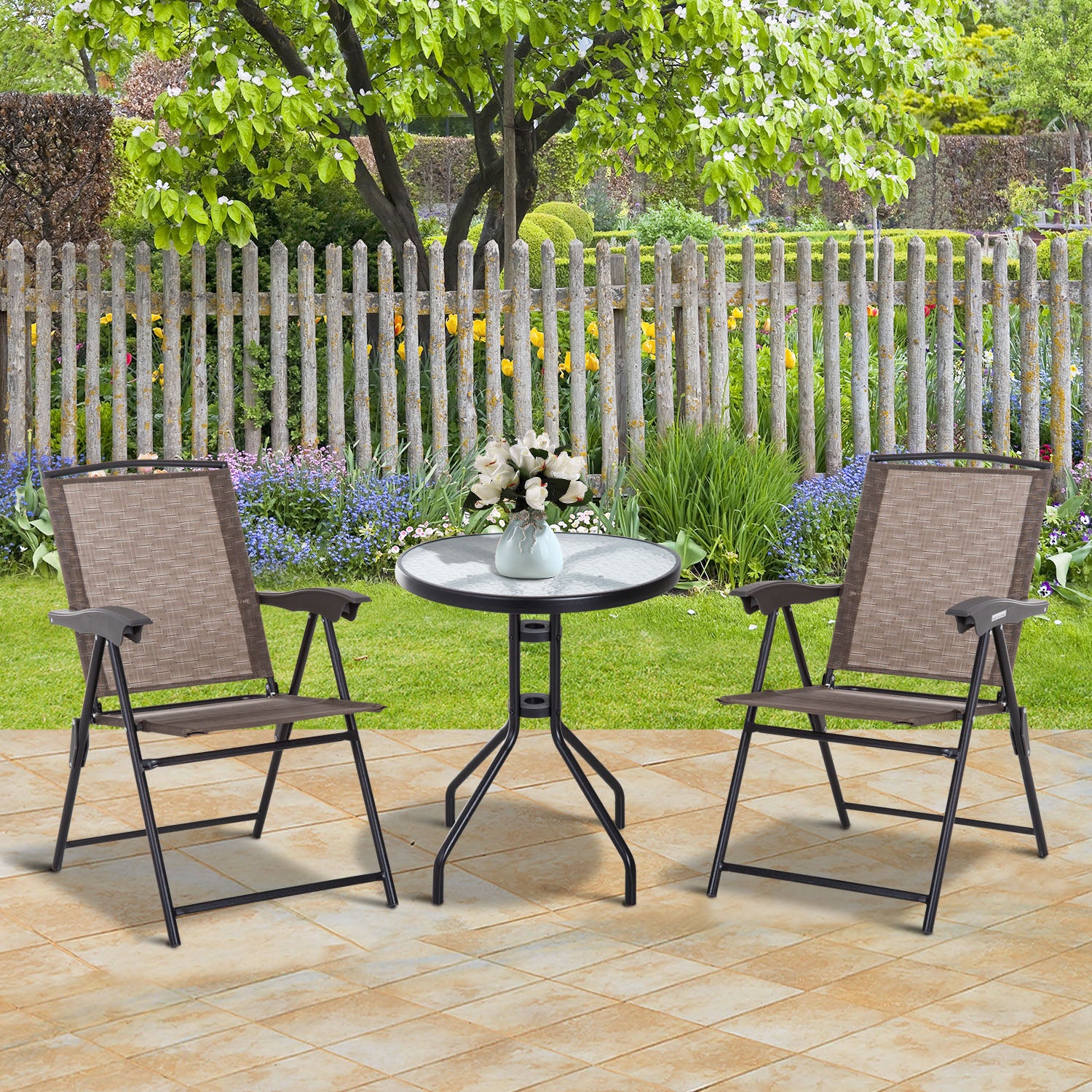 3 Piece Outdoor Bistro Set with Folding Chairs and Glass Table - Brown