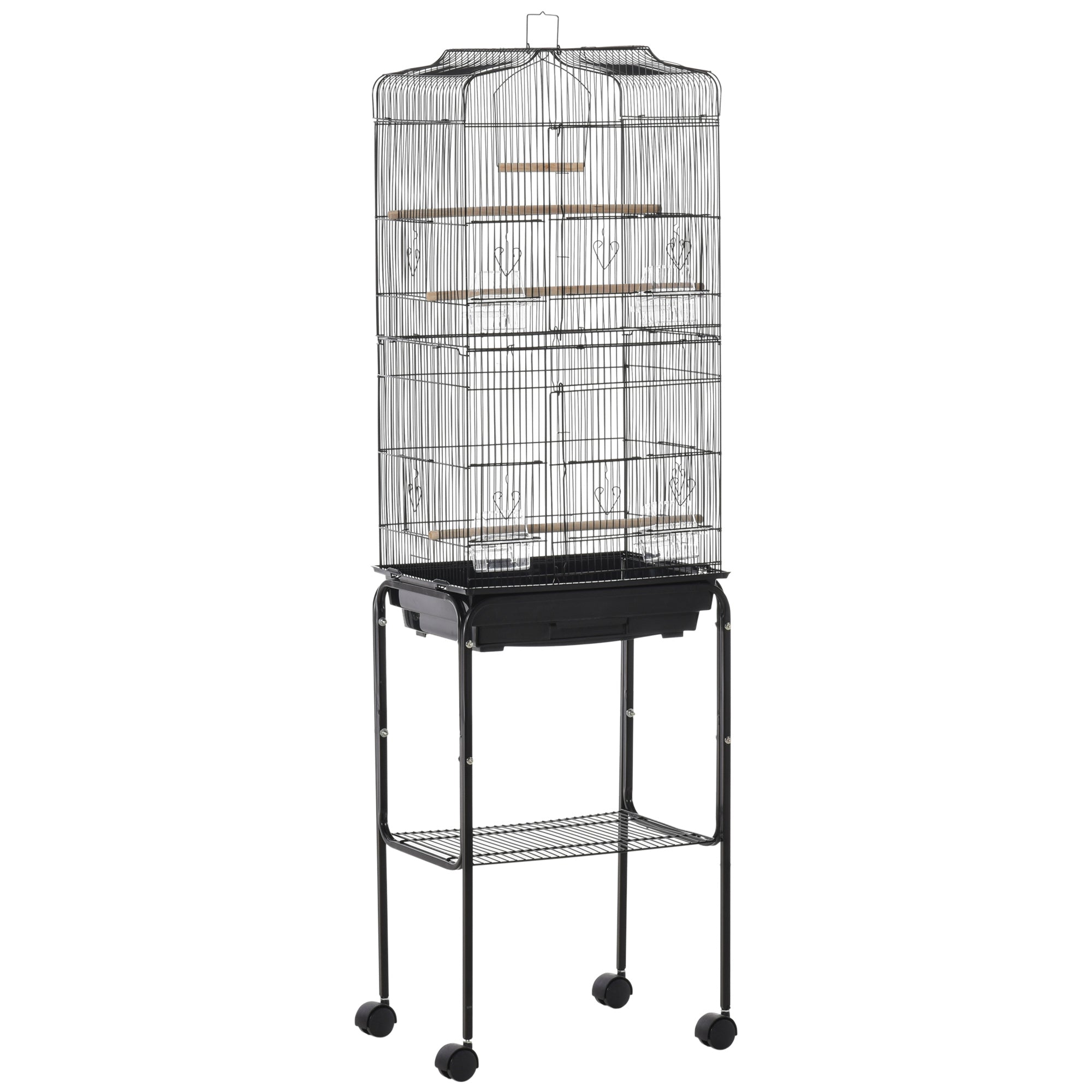 Bird Cage with Stand, Wheels, Slide-Out Tray & Storage Shelf for Budgie, Finch, Canary, Parakeet - Black 36x46.5x157 cm