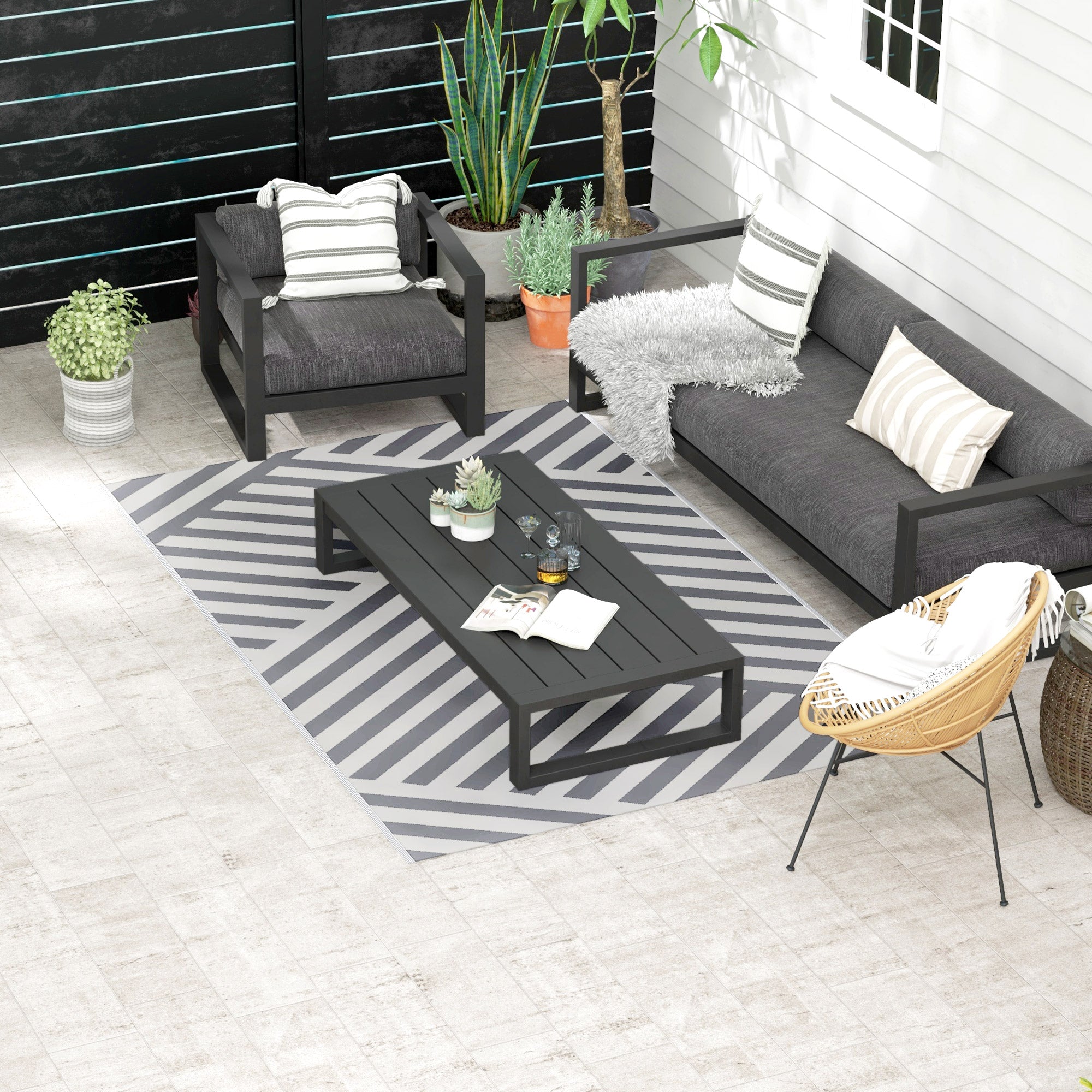 Reversible Plastic Straw Outdoor Rug with Carry Bag Grey Cream