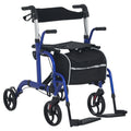 2 in 1 Folding Wheelchair Transport Chair & Rollator Walker with Seat, Backrest, Footrest, Adjustable Height, 4 Wheels for Seniors - Pearl Blue