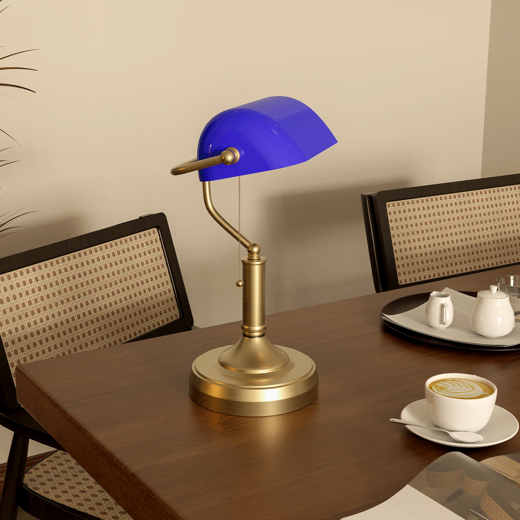 Banker's Desk Lamp with Antique Bronze Tone Base, Table Lamp with Blue Glass Shade for Home Office, Blue