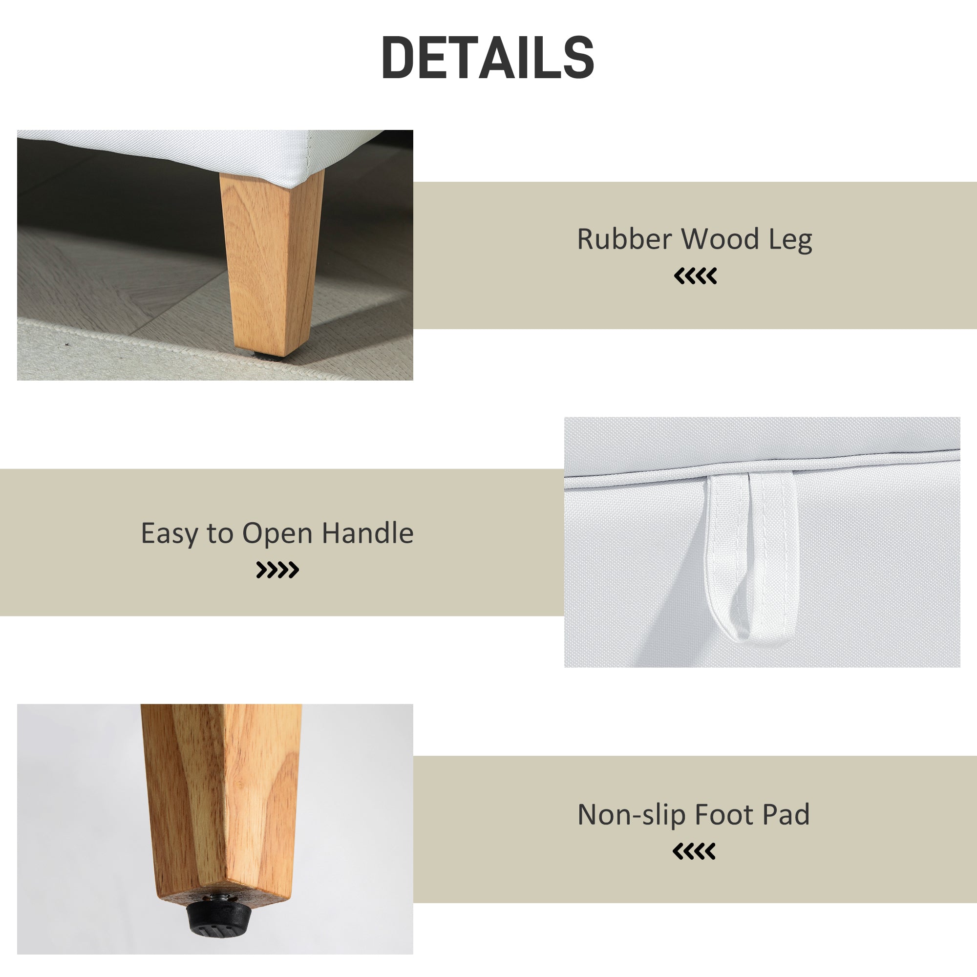 Linen Storage Ottoman Padded Footstool with Rubberwood Legs for Storage Box, Bed End, Shoe Bench, Seating, Cream White