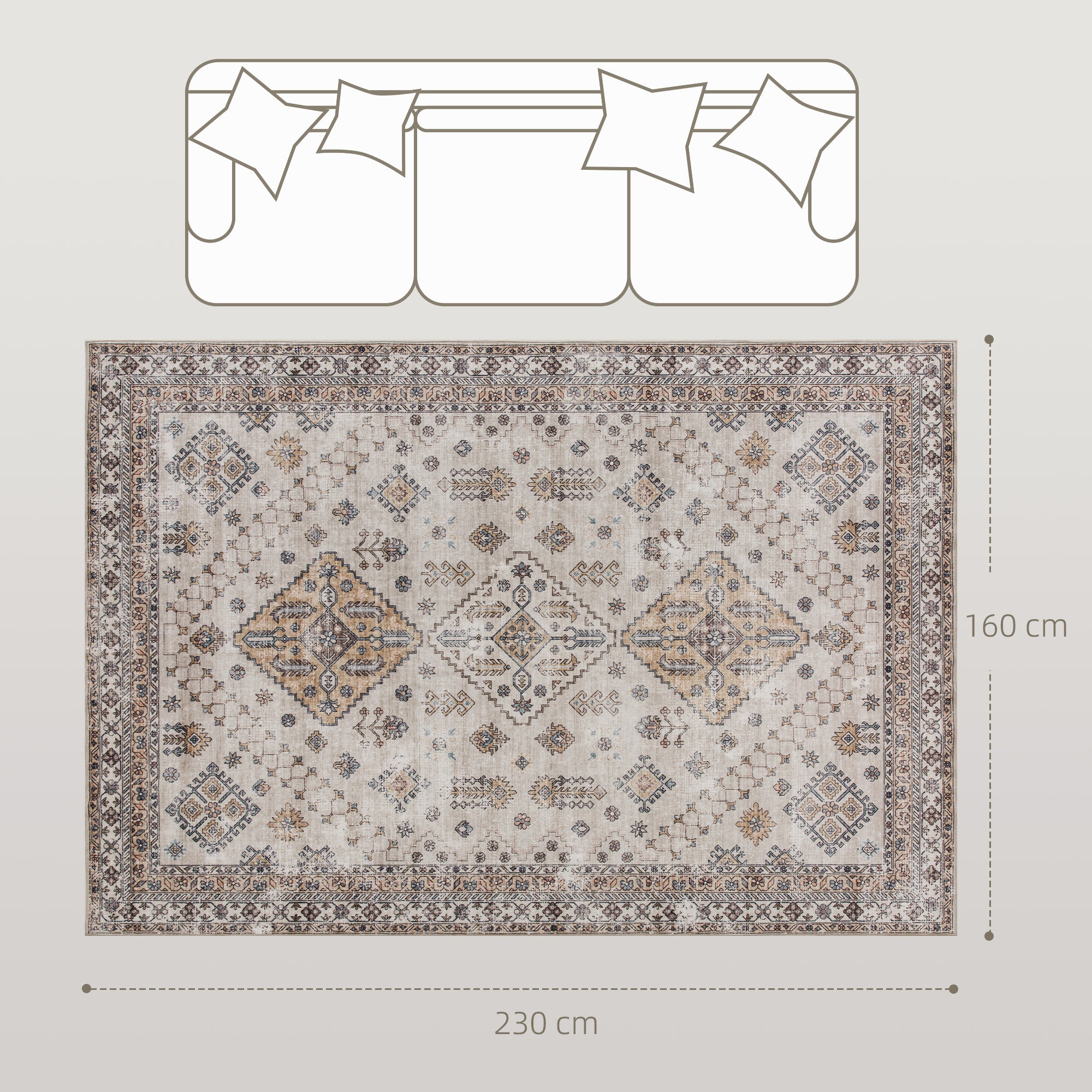 Vintage Area Rug, Non-Slip Washable Rug, Flannel Floor Carpet for Living Room, Bedroom, Dining Room, Home Office, 230 x 160 cm, Beige