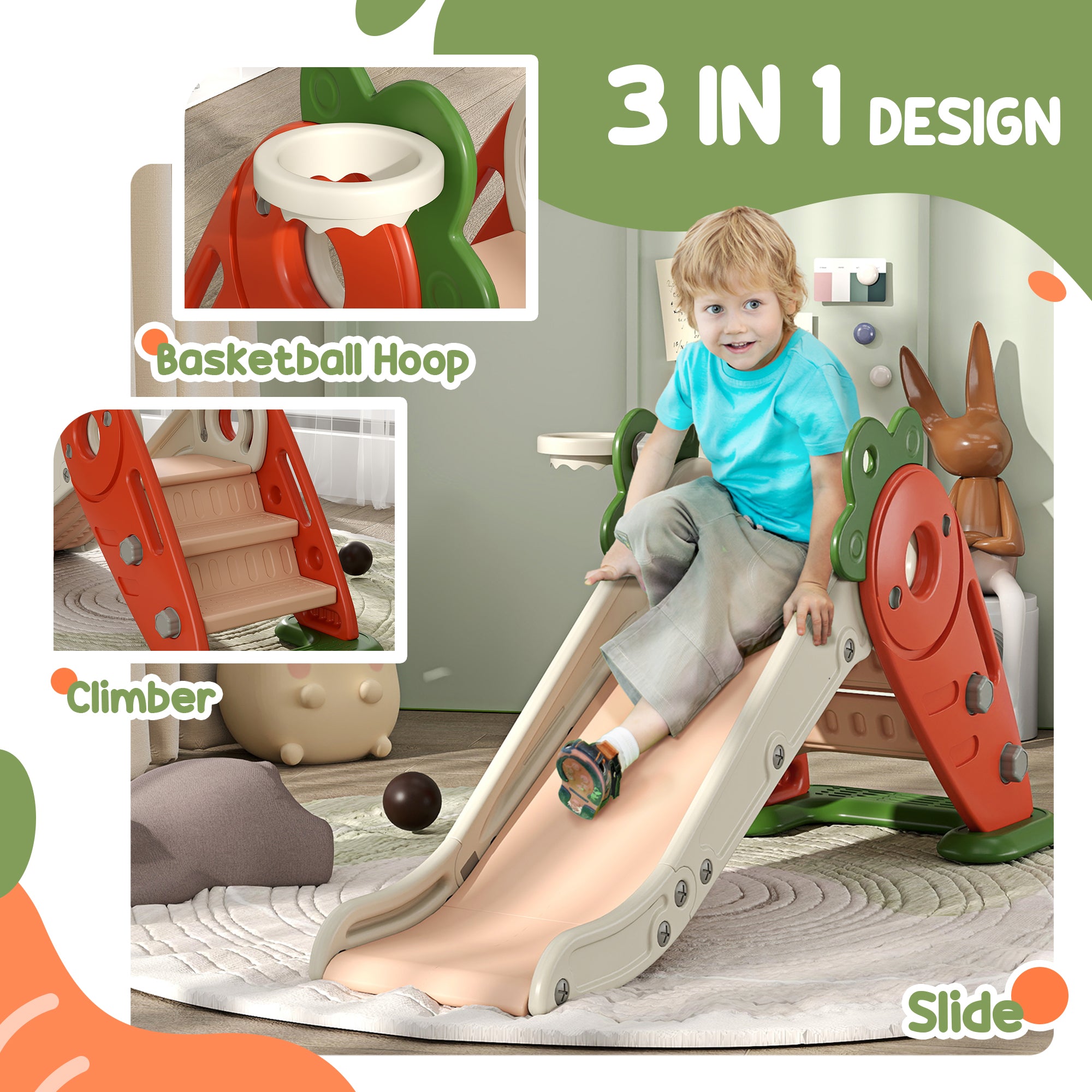 3 in 1 Foldable Toddler Slide with Basketball Hoop, Climber, Carrot-themed, for 1-3 Years