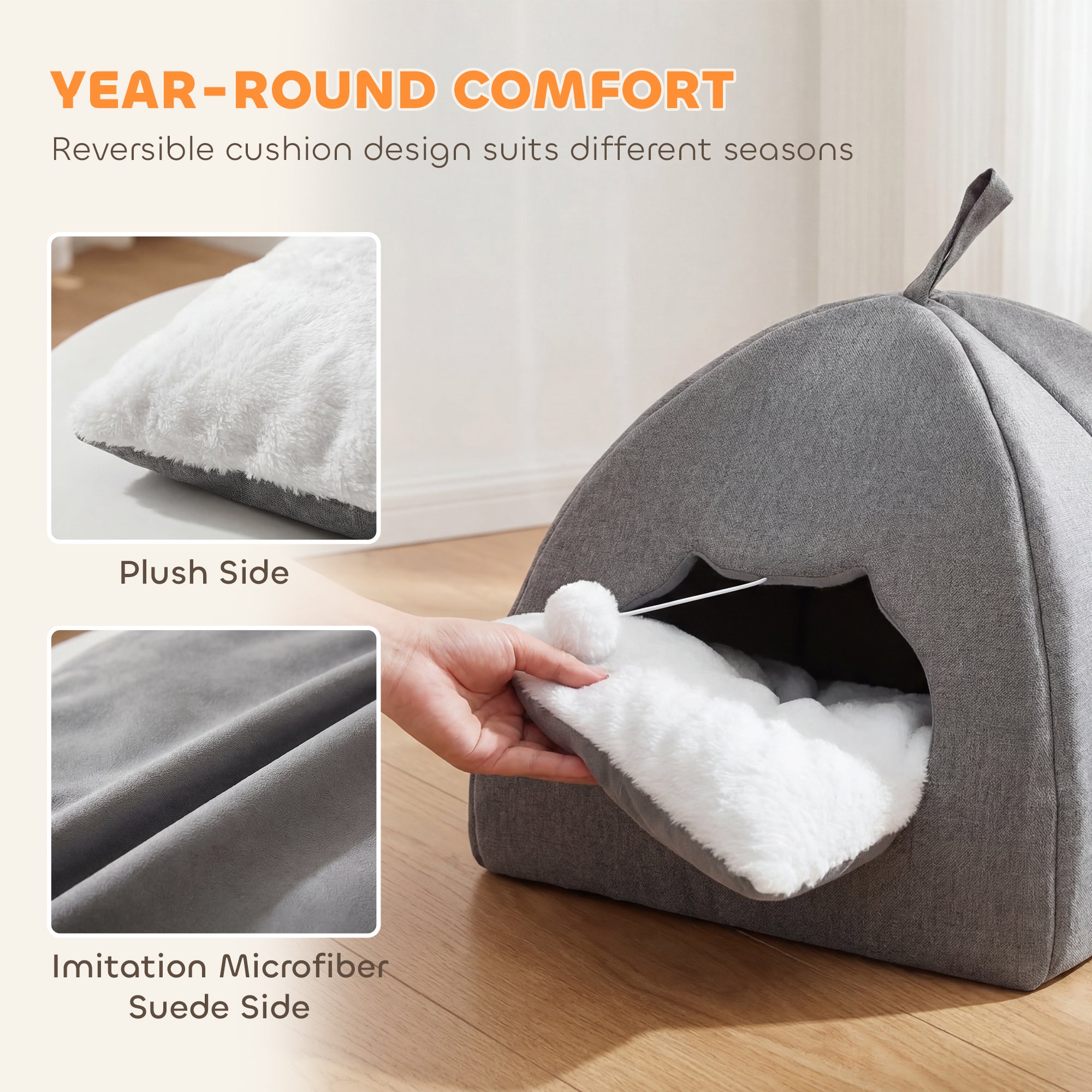 Cat Cave Bed for Indoor Kittens, Cat House with Removable Cushion and Teaser Ball, Kitty Igloo with Anti-Slip Base, 42 x 42 x 39 cm, Grey