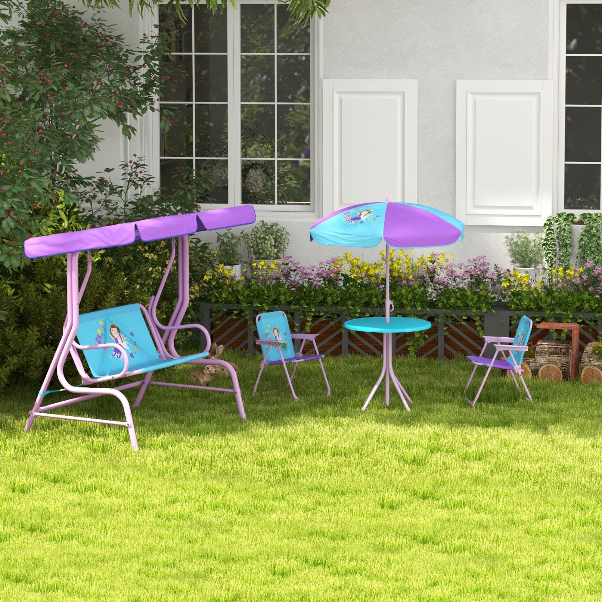 4PCs Kids Garden Furniture Set w/ 2 Seater Garden Swing Chair with Adjustable Canopy, Childrens Table and Chair Set with Parasol, for Toddler Girls 3-6 Years Old