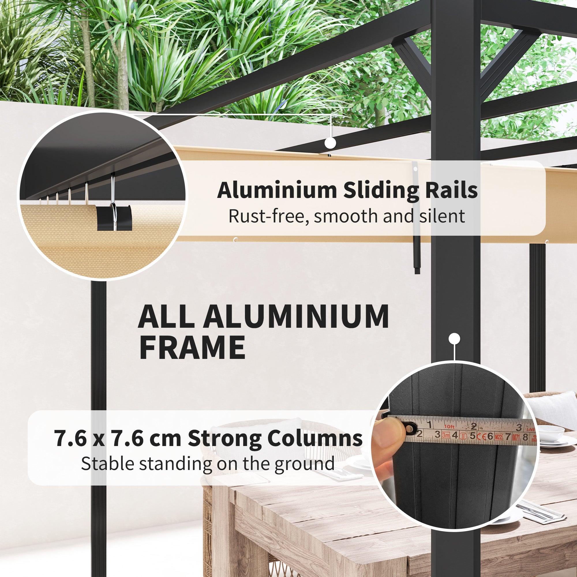 3 x 3 Metre Aluminium Pergola Set with Retractable Roof and Wall - Khaki