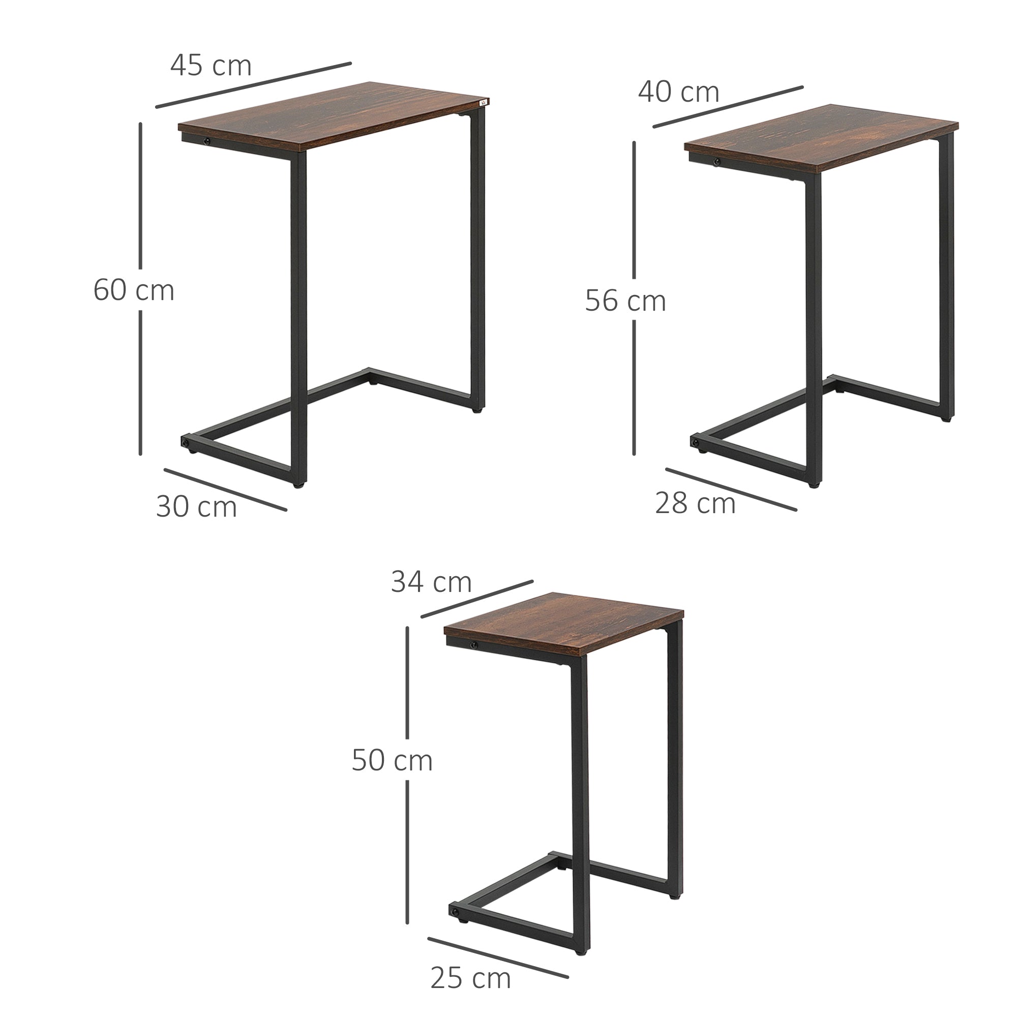 Nesting Side Tables Set of 3, C-Shaped Snack Side Tables with Steel Frame for Sofa Couch and Bed, Rustic Brown