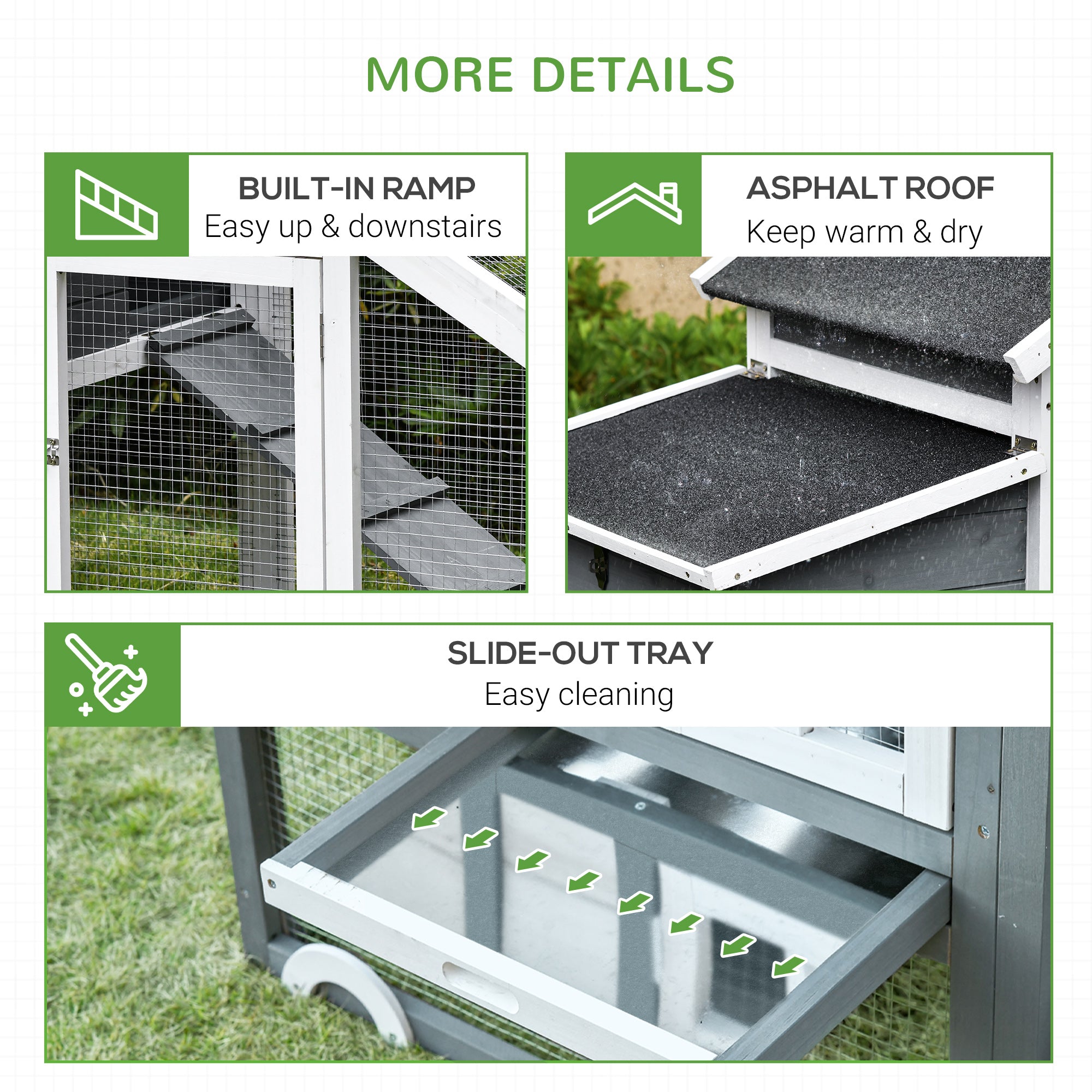 Chicken Coop, Rabbit Hutch, Hen House, Wooden Poultry Habitat with Outdoor Run, Nesting Box, Slide Out Tray, Lockable Doors, Ramp, Window, 176 x 66 x 110cm, White