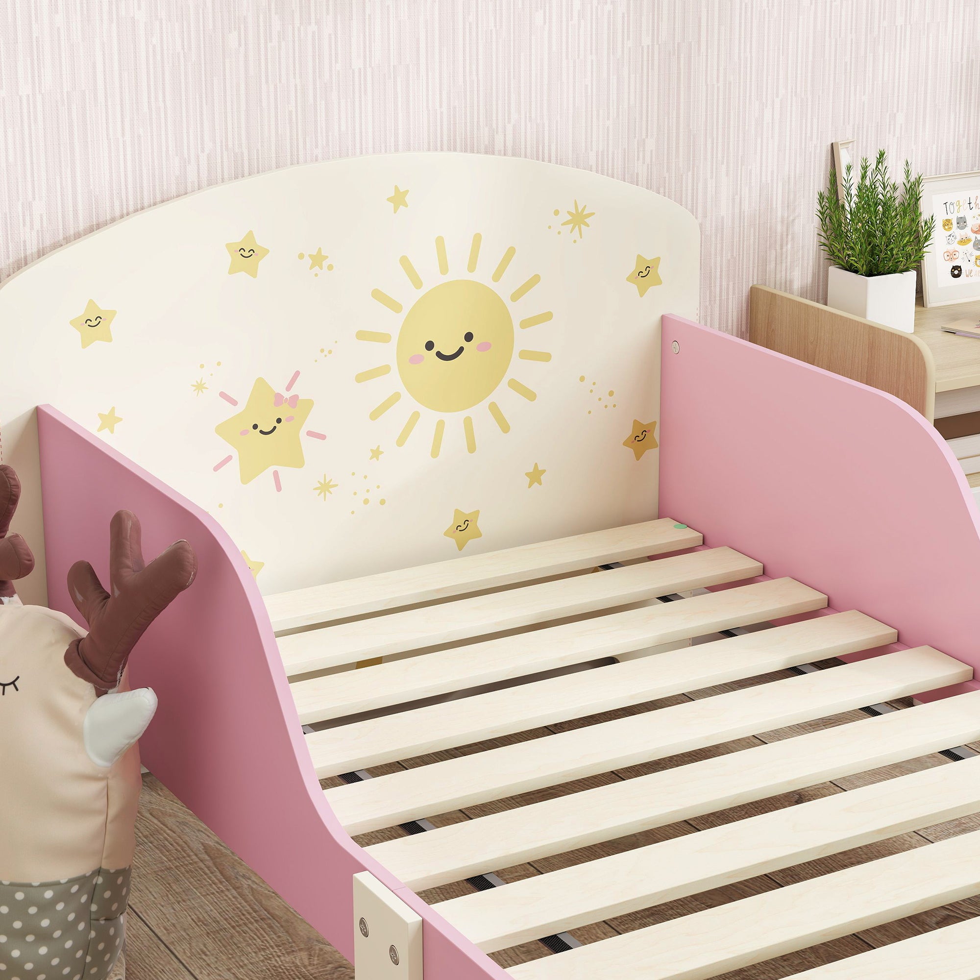Toddler Bed with Storage, Guardrails, Sun Design, for Ages 3-8 Years, Fits 140 x 70cm Mattress,