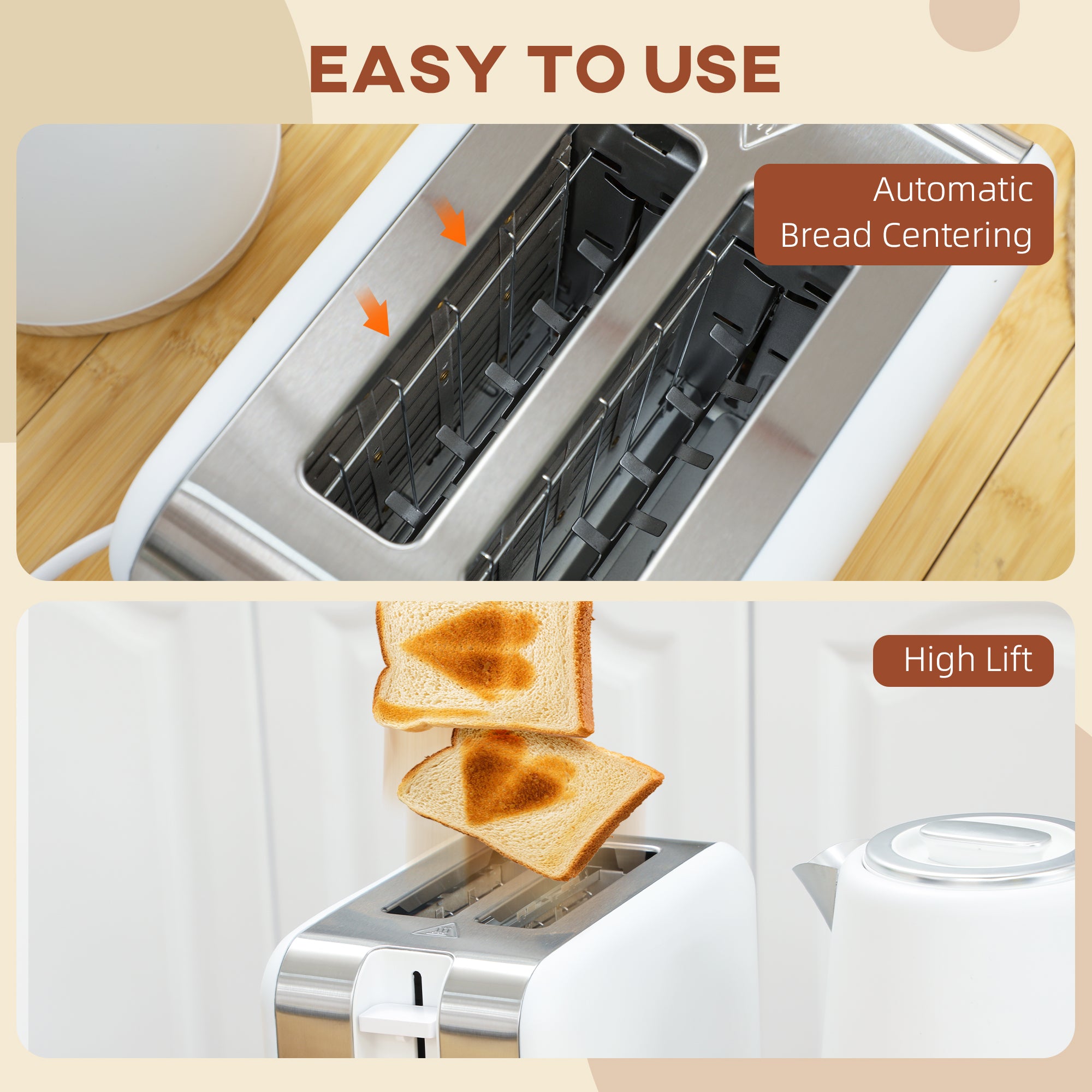 Kettle and Toaster Set, 1.7L 3000W Fast Boil Kettle & 2 Slice Toaster Kitchen Set with 7 Level Browning Controls, Defrost, Reheat, Auto Off, Boil-dry Protection, White