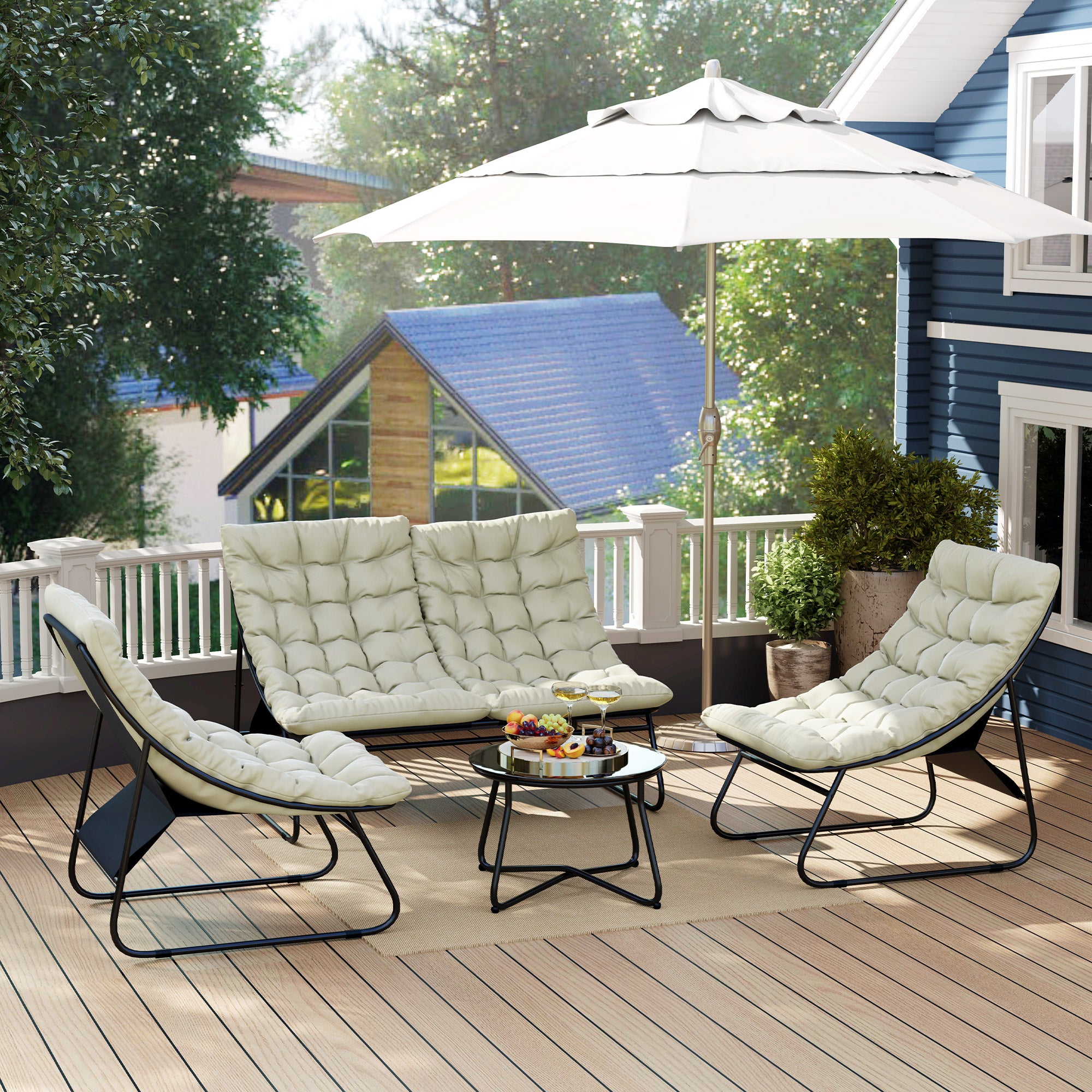 4 Seater Garden Furniture Set, Conversation Set with Loveseat Sofa, Chairs, Glass Coffee Table, Thick Cushions, Steel Outdoor Sofa for Balcony, Poolside, Conservatory, Light Grey