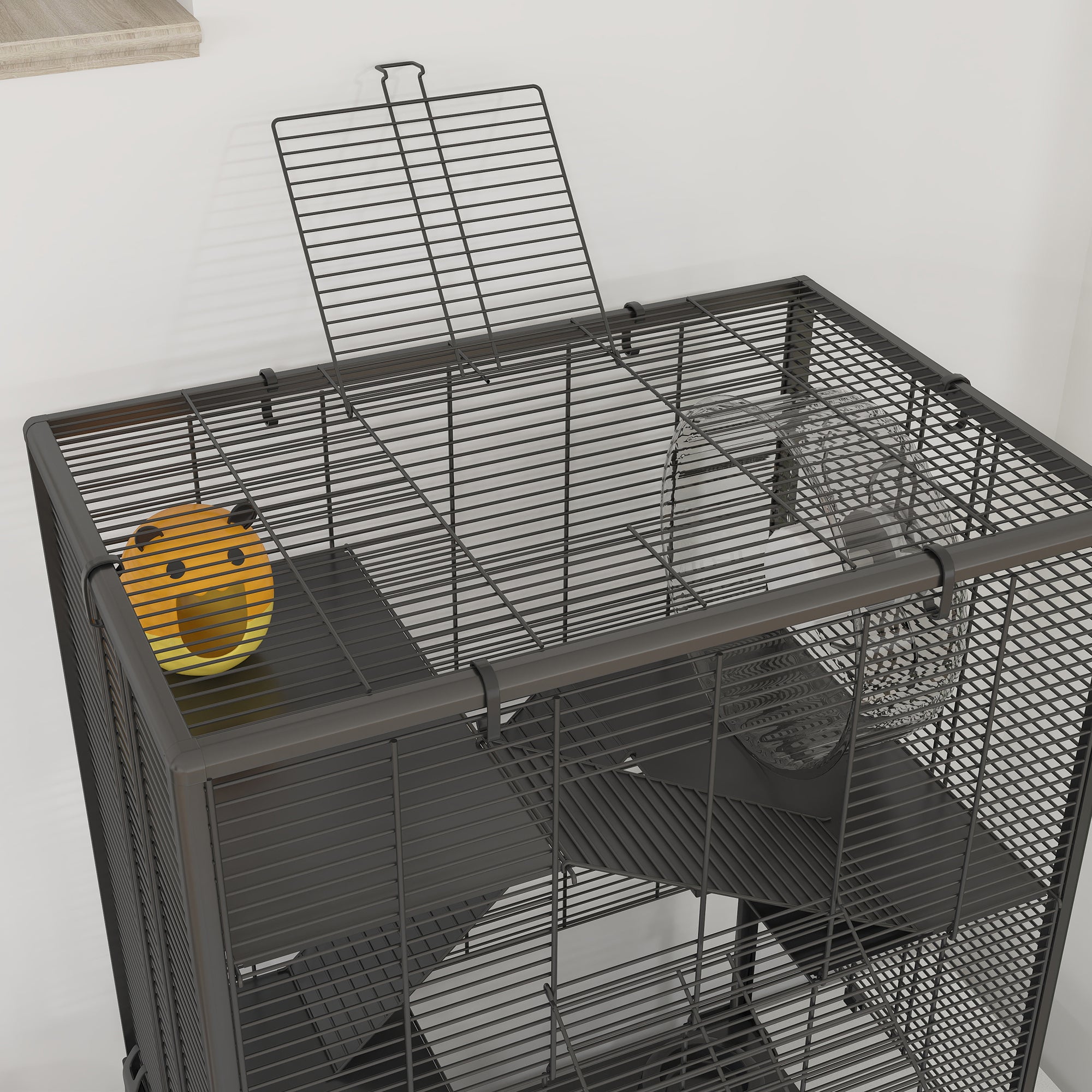 4 Tiers Hamster Cage with Tempered Glass Bottom, Hut, Wheel, Food Dish & Water Bottle, 60x40x80cm - Black