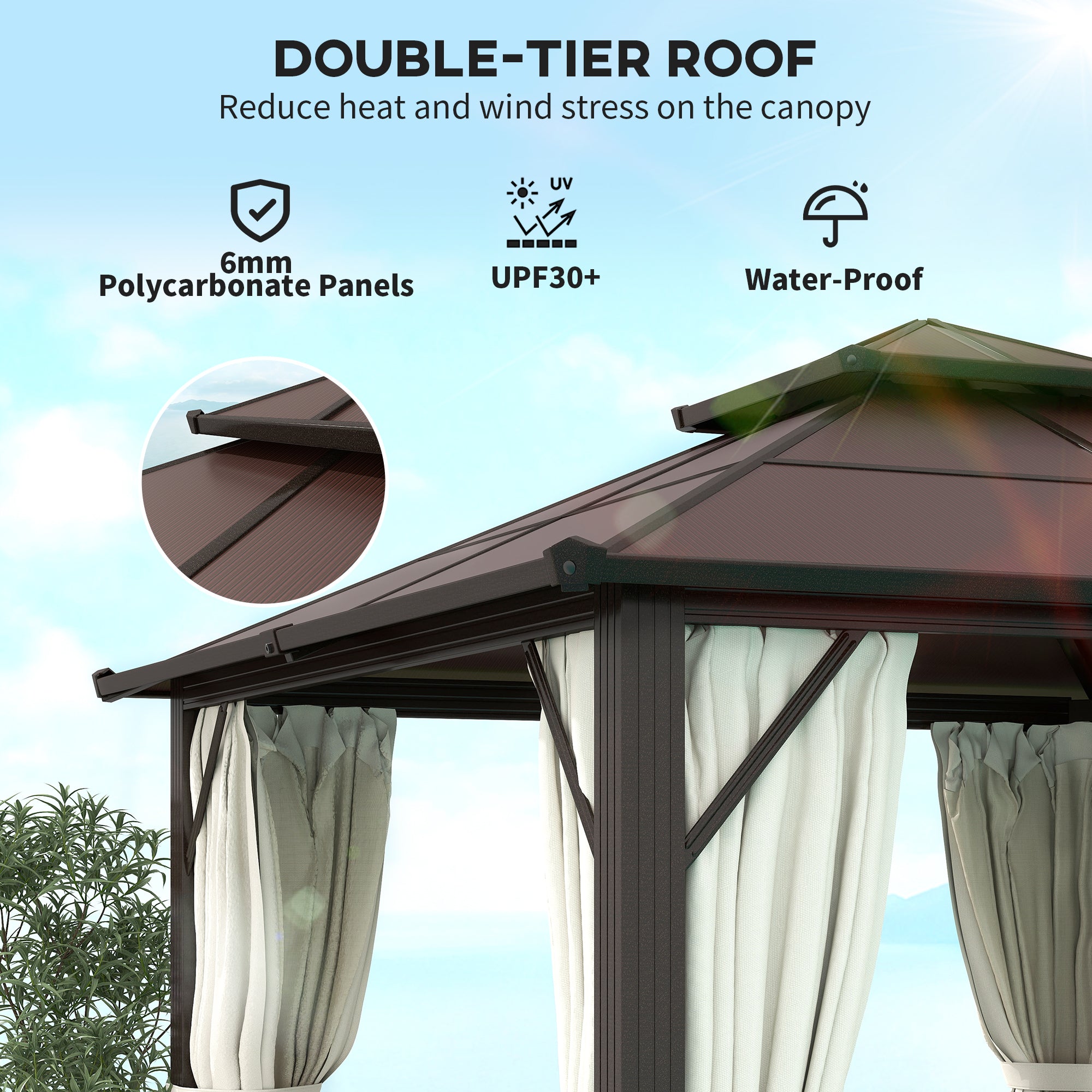 3 x 3(m) Hardtop Gazebo Canopy with UPF30+ Double Polycarbonate Roof, Aluminium Frame Garden Gazebo Permanent Pavilion with Mosquito Netting and Curtains for Patio, Deck, Beige