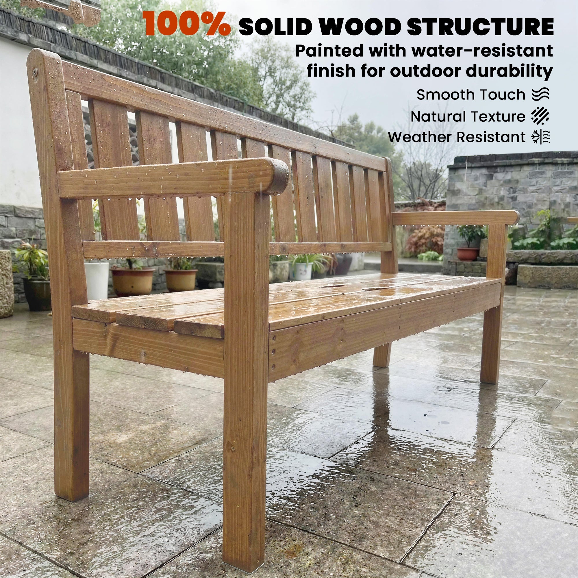 Wooden Garden Bench with Liftable Table & Shelf, 2-3-Seater Outdoor Loveseat with Fir Wood Frame, Teak