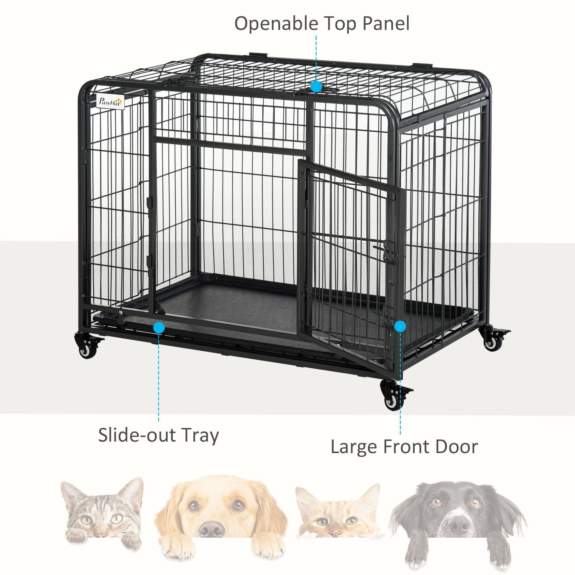 Metal Dog Cage Kennel Locking Door & Wheels Removable Tray Openable Top For Medium Pets 94 x 58 x 69.5 cm