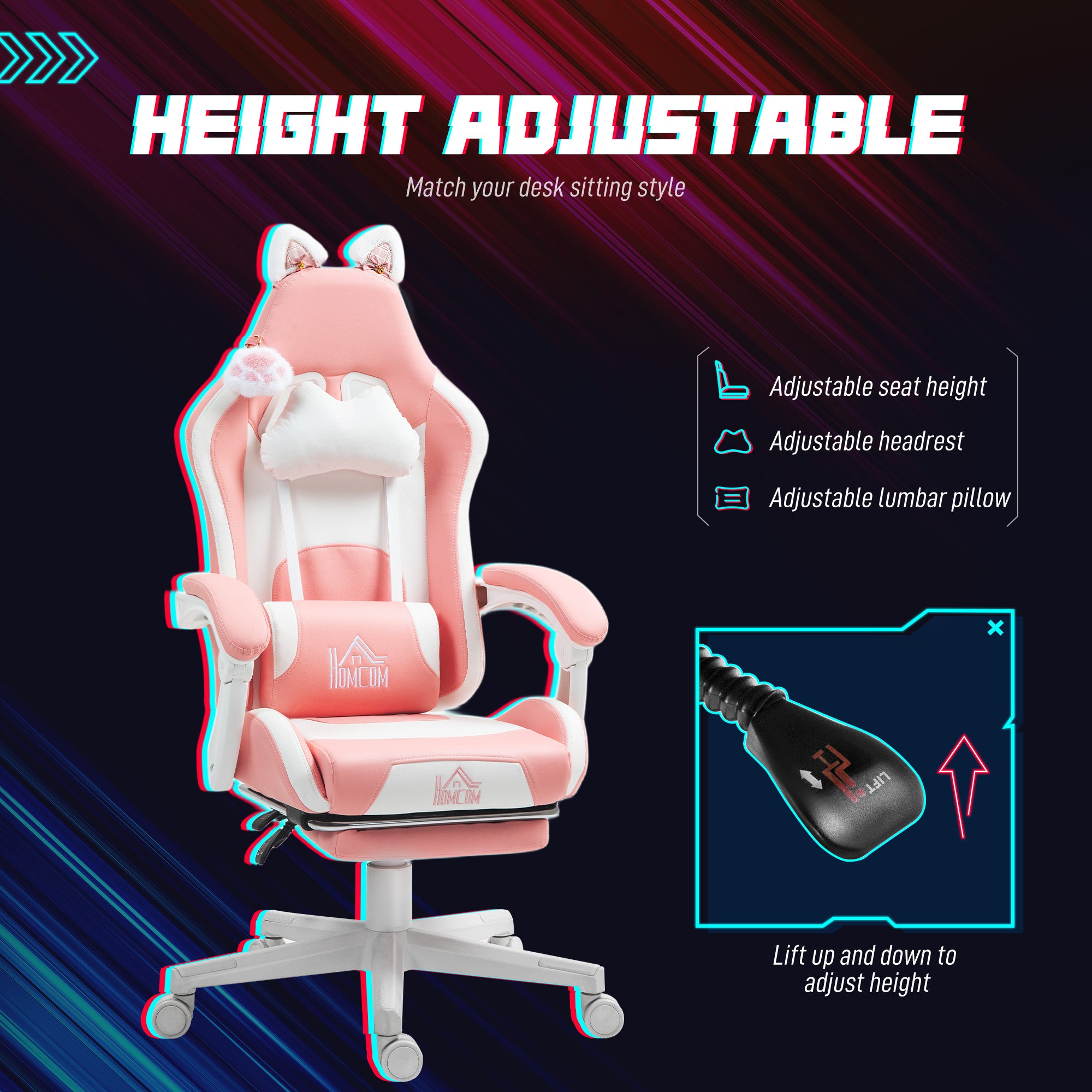 Cat Ear and Paw Reclining Office Chair, with Footrest - Pink/White